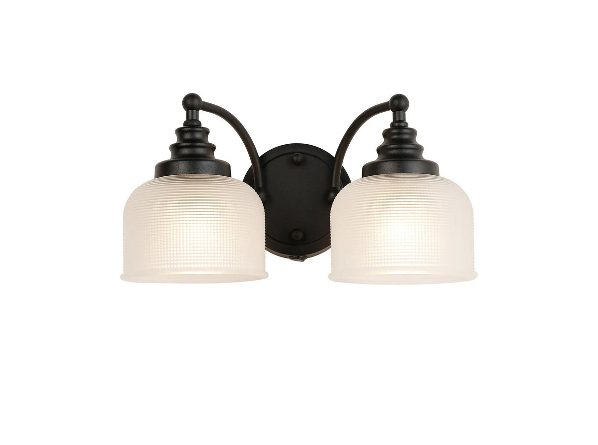 Gray Switched Double Wall Light, 2 Light E27 Satin Black/Frosted Glass