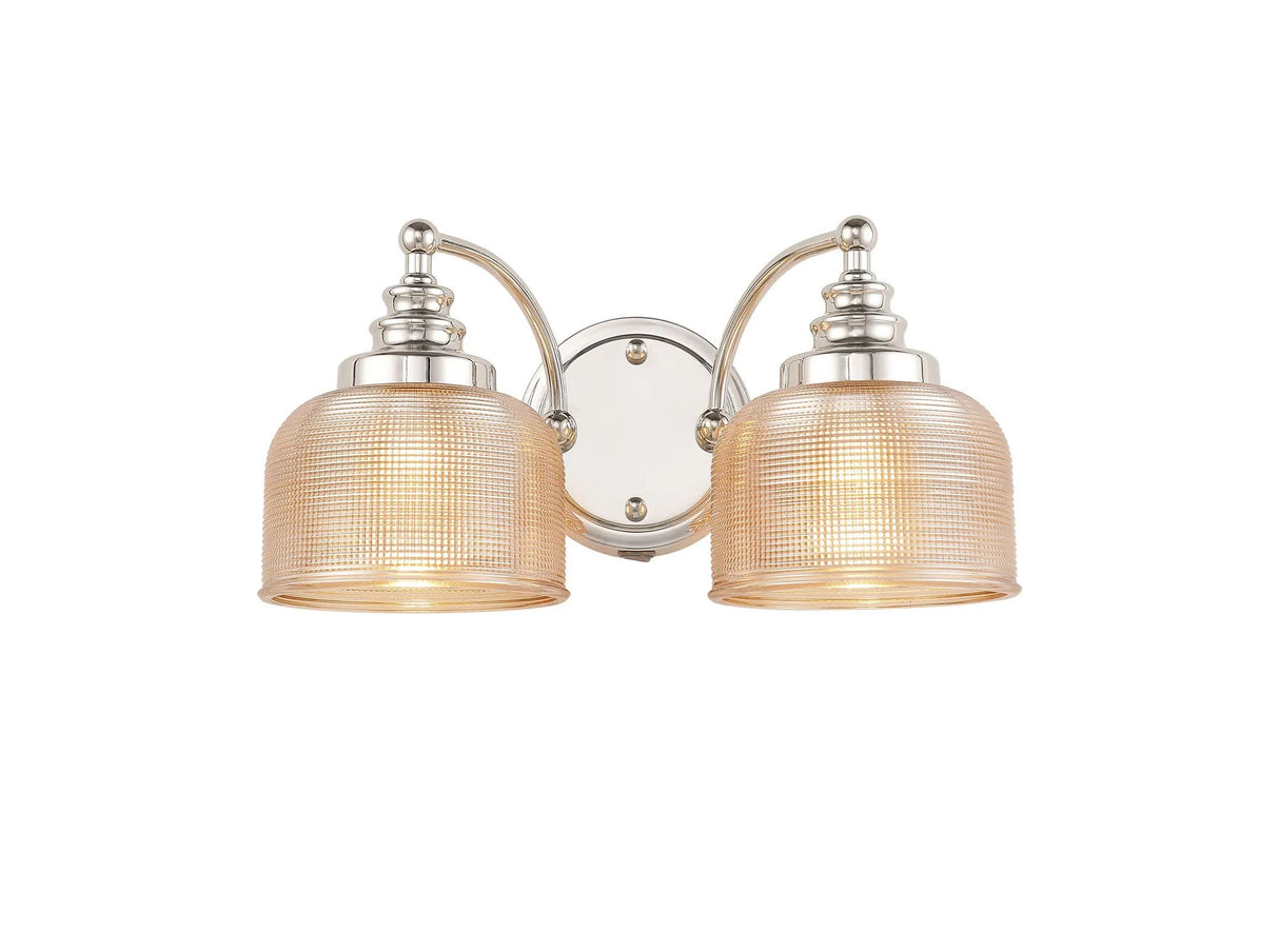 Gray Switched Double Wall Light, 2 Light E27 Polished Nickel/Amber Glass