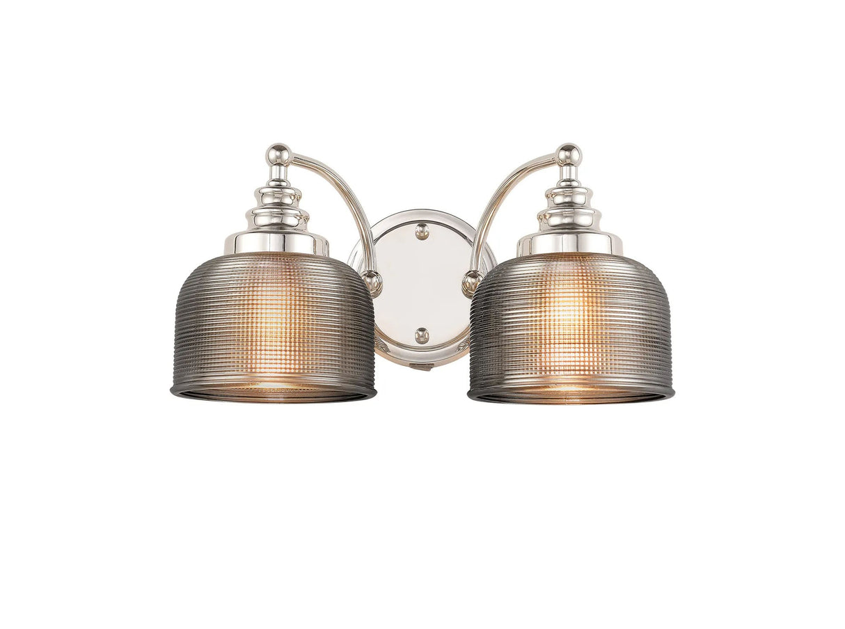 Gray Switched Double Wall Light, 2 Light E27 Polished Nickel/Smoke Glass