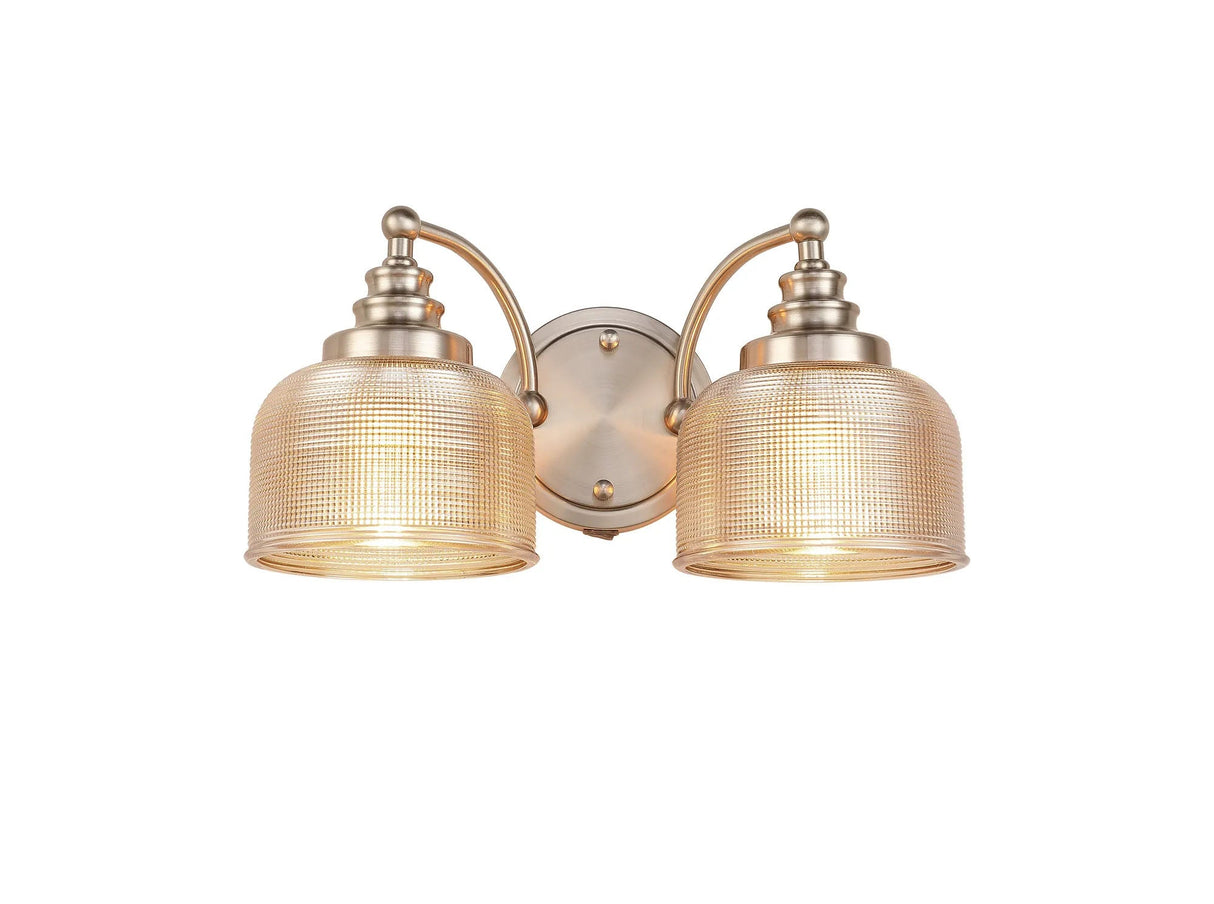 Gray Switched Double Wall Light, 2 Light E27 Satin Nickel/Amber Glass