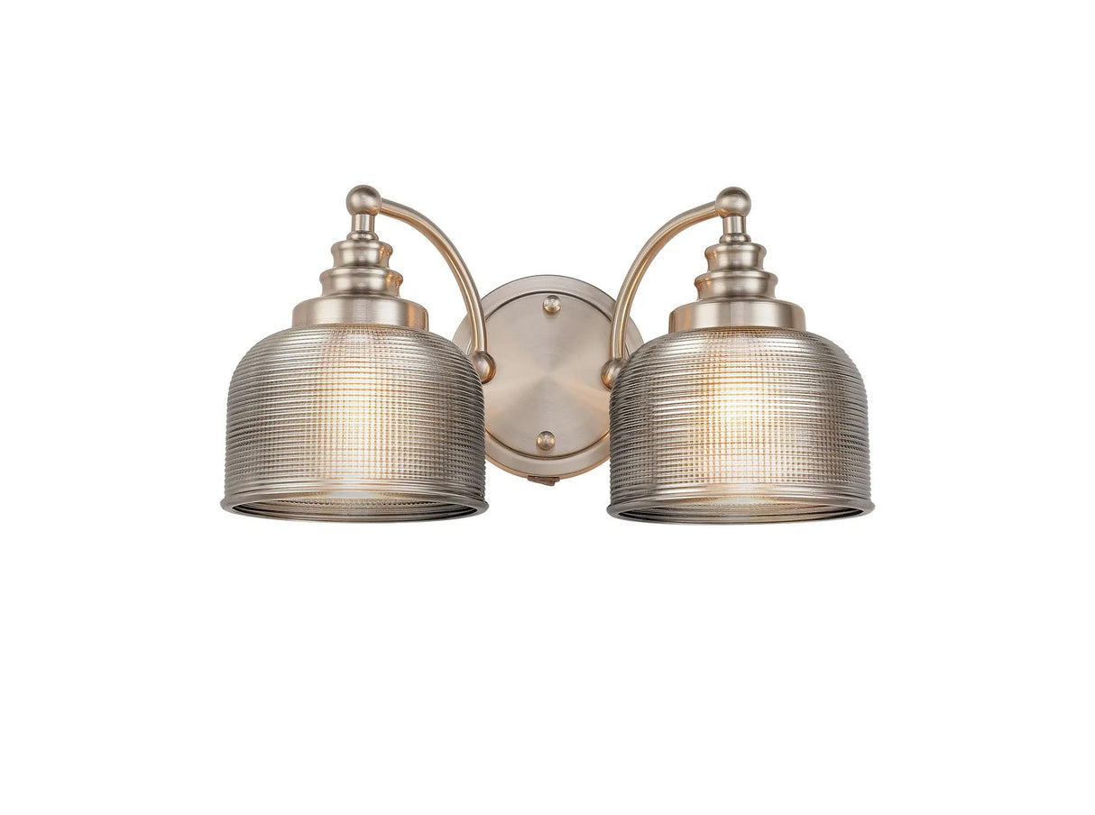 Gray Switched Double Wall Light, 2 Light E27 Satin Nickel/Smoke Glass