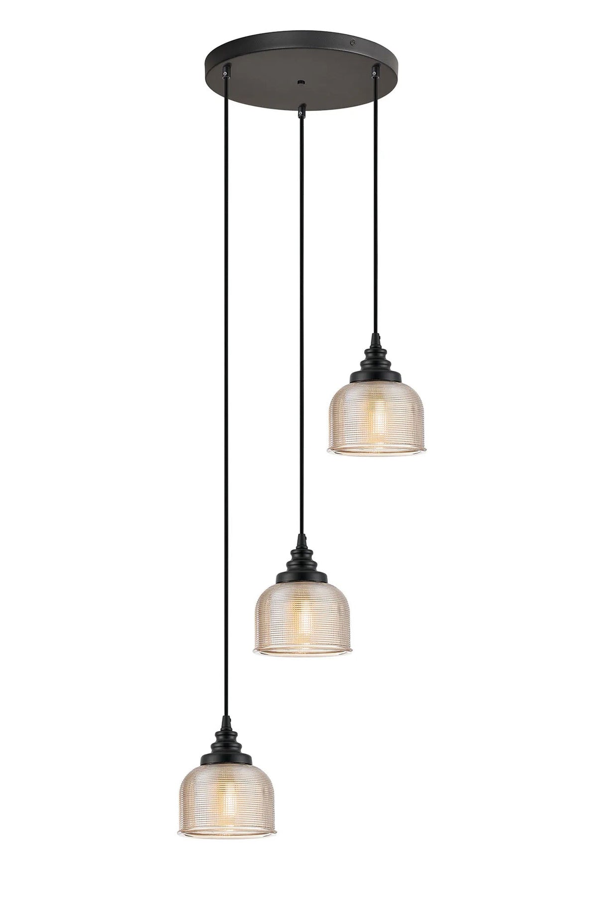 Gray 3 Light Round Pendant, E27 Satin Black/Prismatic Dome Glass, Amber