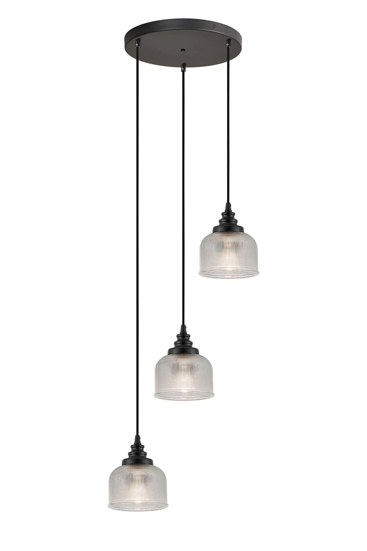 Gray 3 Light Round Pendant, E27 Satin Black/Prismatic Dome Glass, Clear