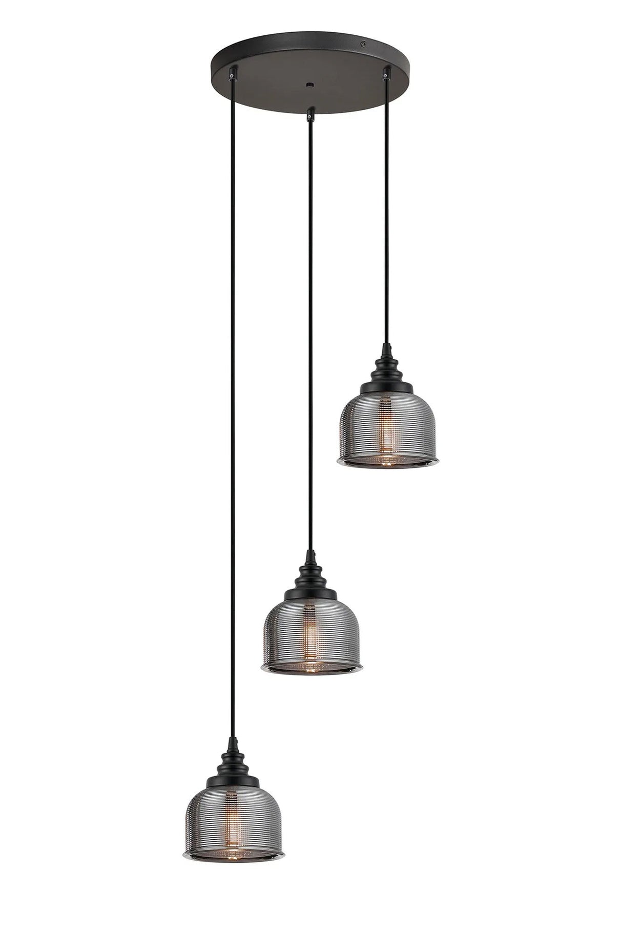 Gray 3 Light Round Pendant, E27, Satin Black/Prismatic Dome Glass, Smoke