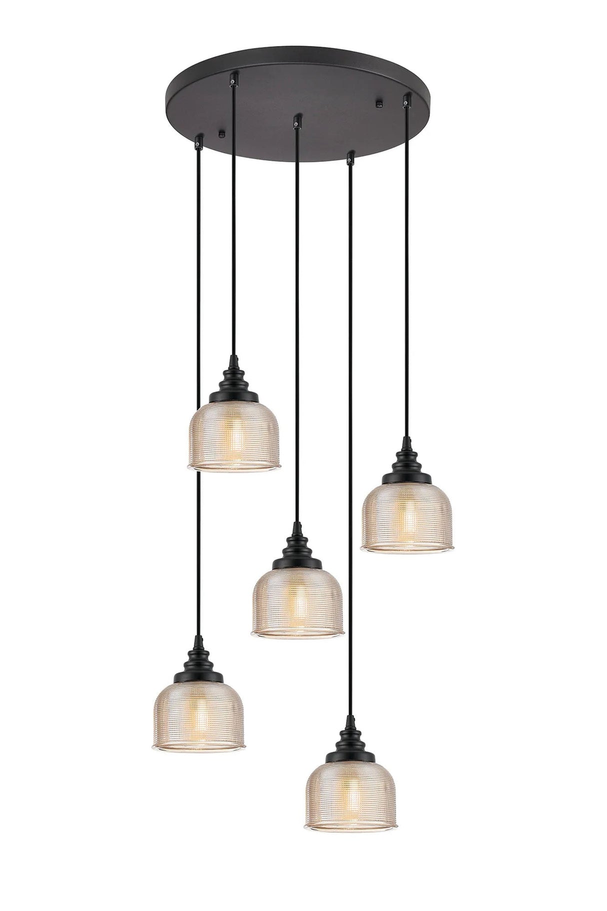 Gray 5 Light Round Pendant, E27, Satin Black/Prismatic Dome Glass, Amber