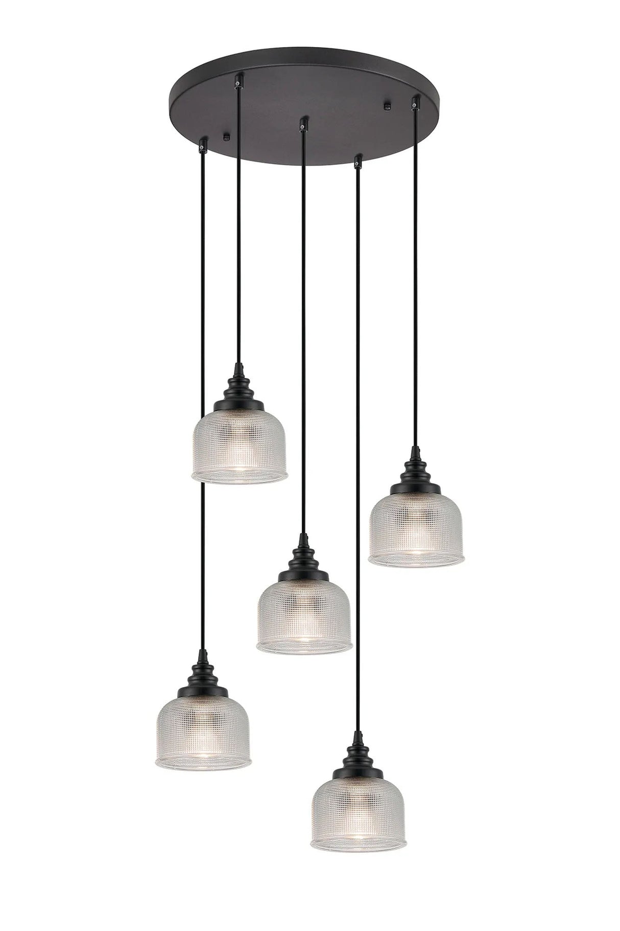 Gray 5 Light Round Pendant, E27, Satin Black/Prismatic Dome Glass, Clear