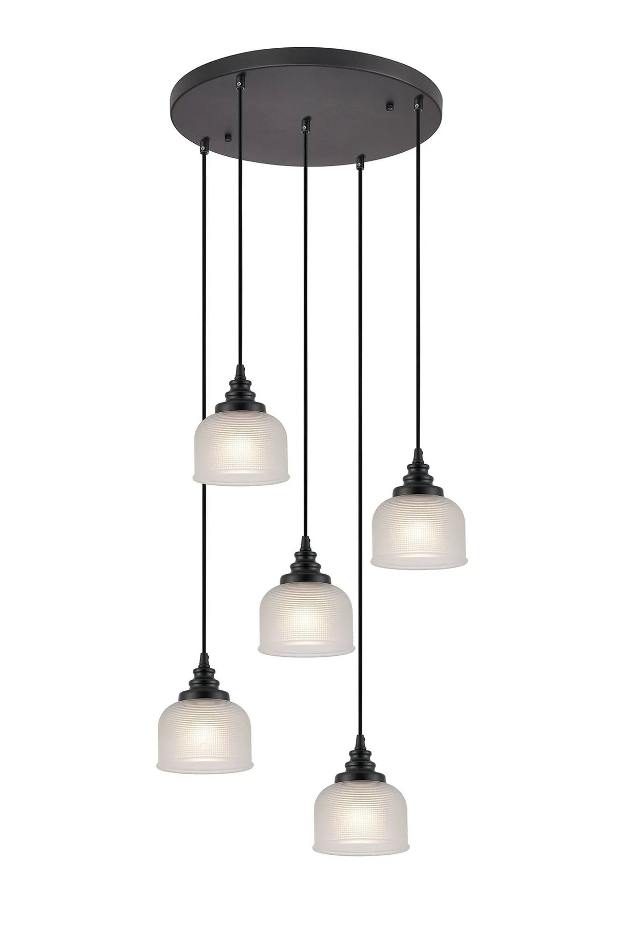 Gray 5 Light Round Pendant, E27, Satin Black/Prismatic Dome Glass, Frosted