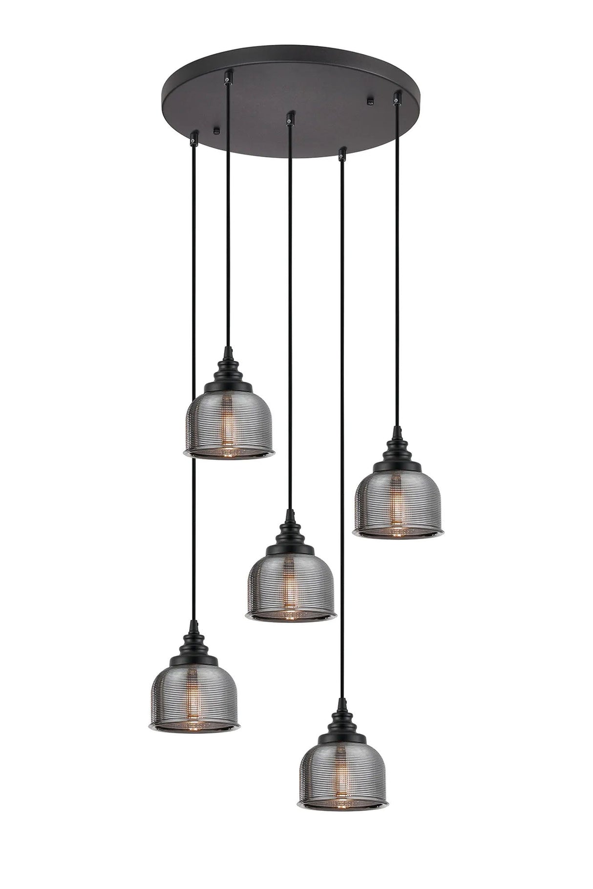 Gray 5 Light Round Pendant, E27, Satin Black/Prismatic Dome Glass, Smoke
