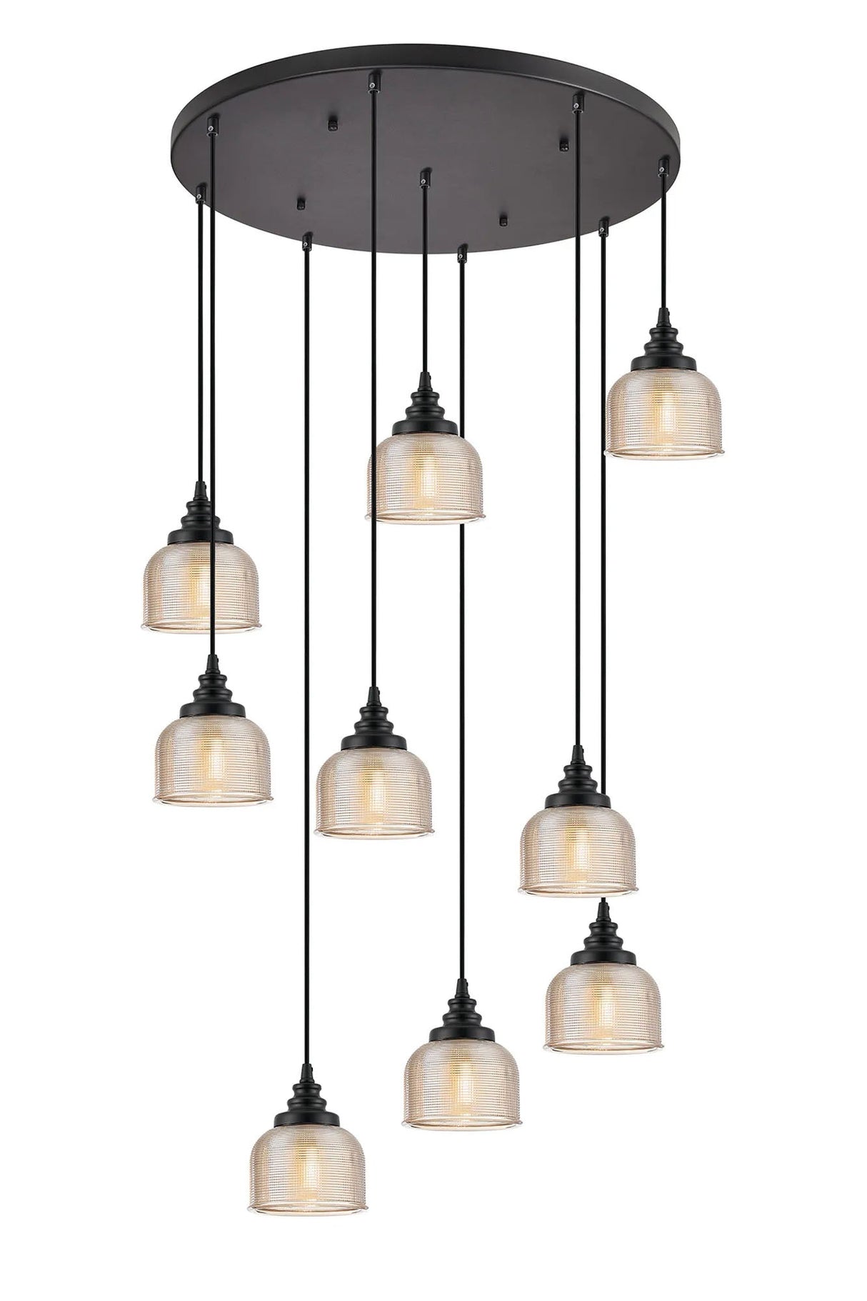 Gray 9 Light Round Pendant, E27, Satin Black/Prismatic Dome Glass, Amber