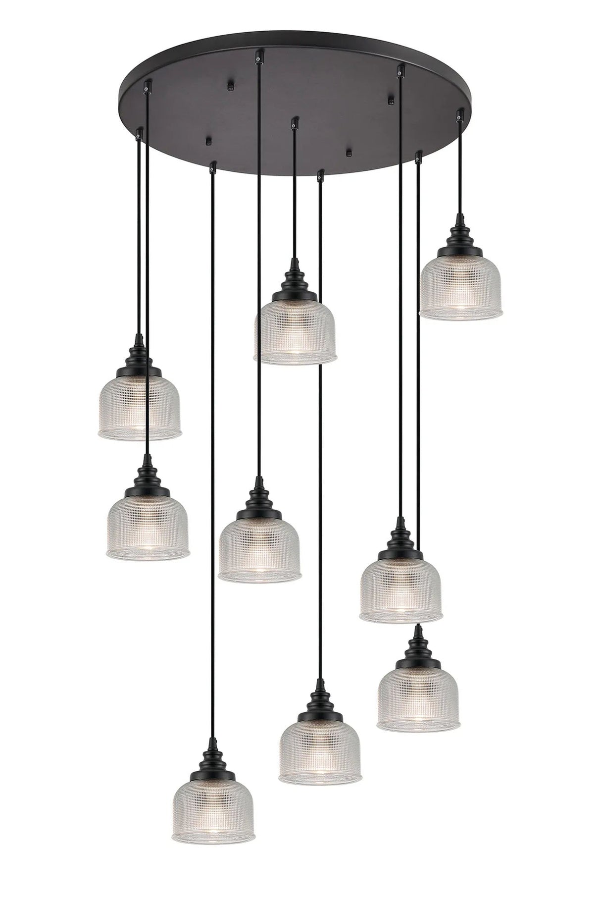 Gray 9 Light Round Pendant, E27, Satin Black/Prismatic Dome Glass, Clear