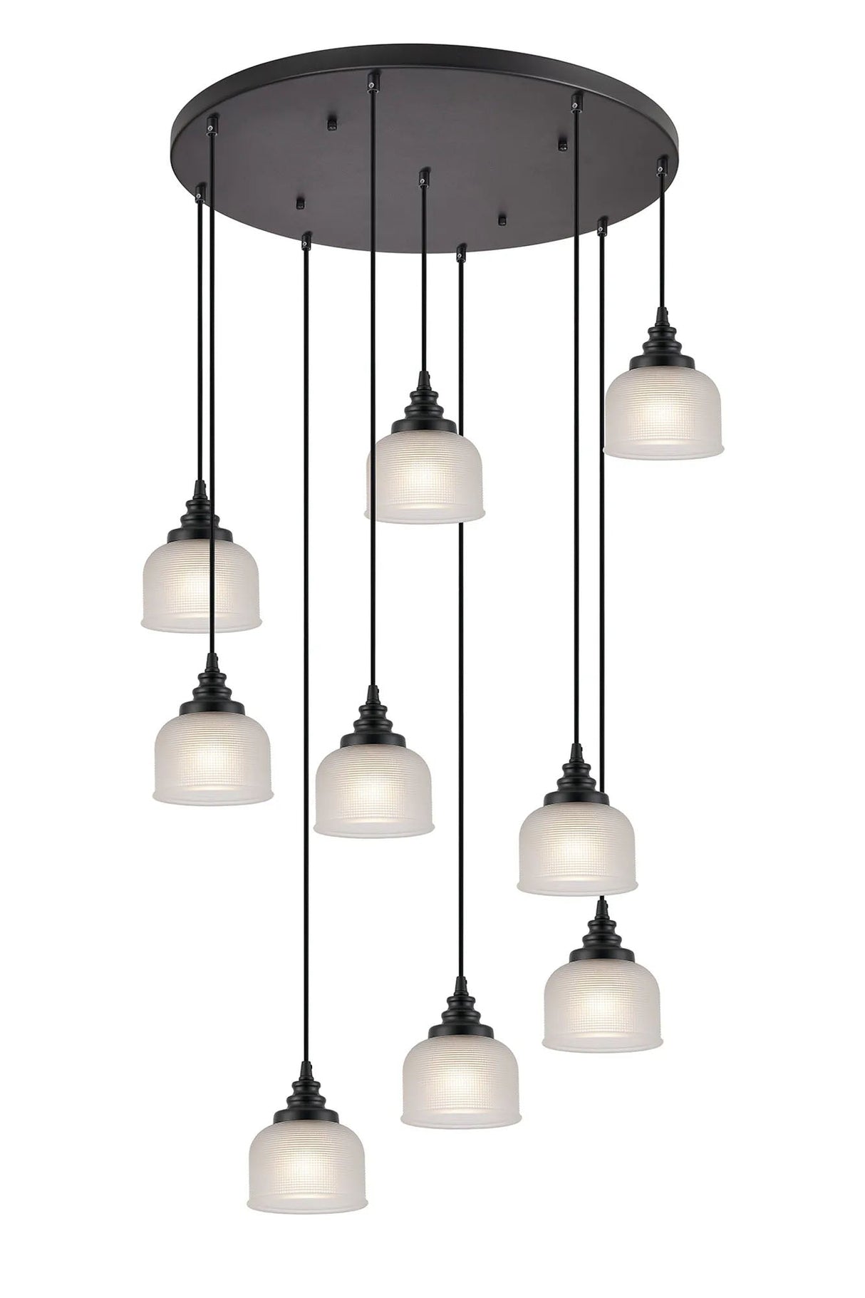 Gray 9 Light Round Pendant, E27, Satin Black/Prismatic Dome Glass, Frosted