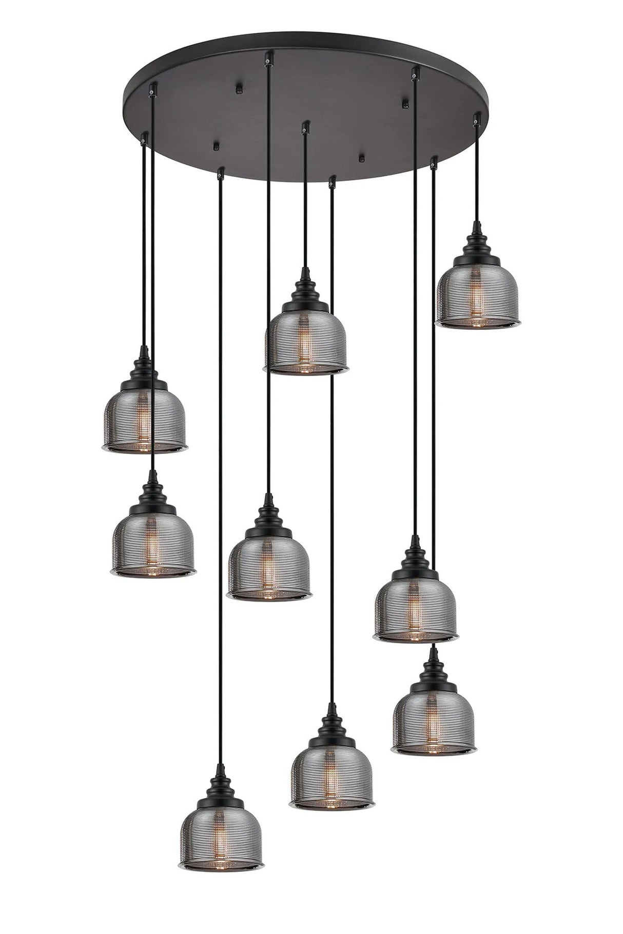 Gray 9 Light Round Pendant, E27, Satin Black/Prismatic Dome Glass, Smoke