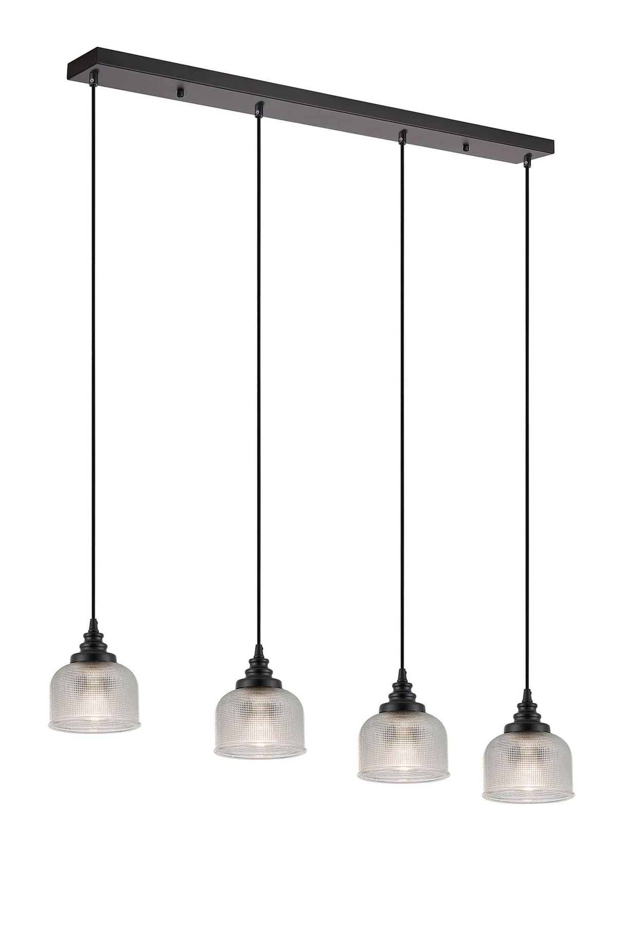 Gray 4 Light Linear Pendant, E27, Satin Black/Prismatic Dome Glass, Clear