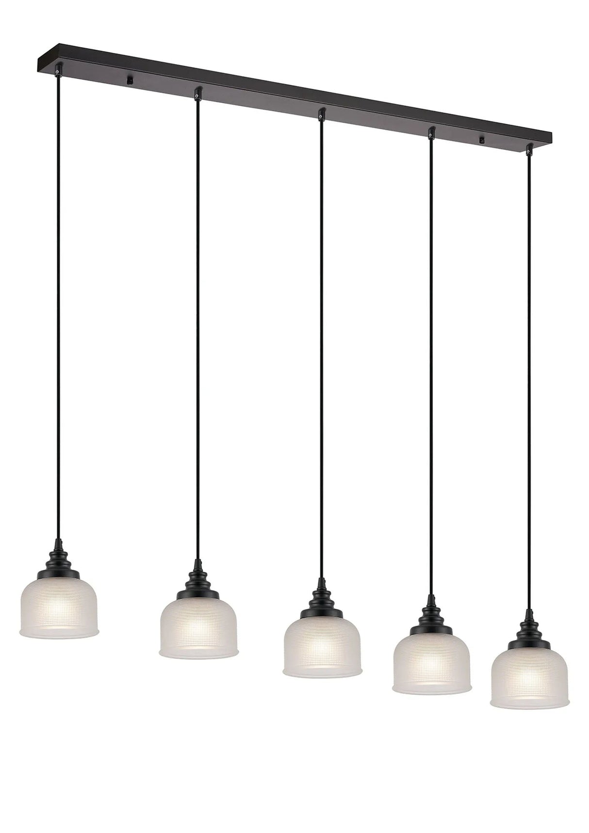 Gray 5 Light Linear Pendant, E27, Satin Black/Prismatic Dome Glass, Frosted