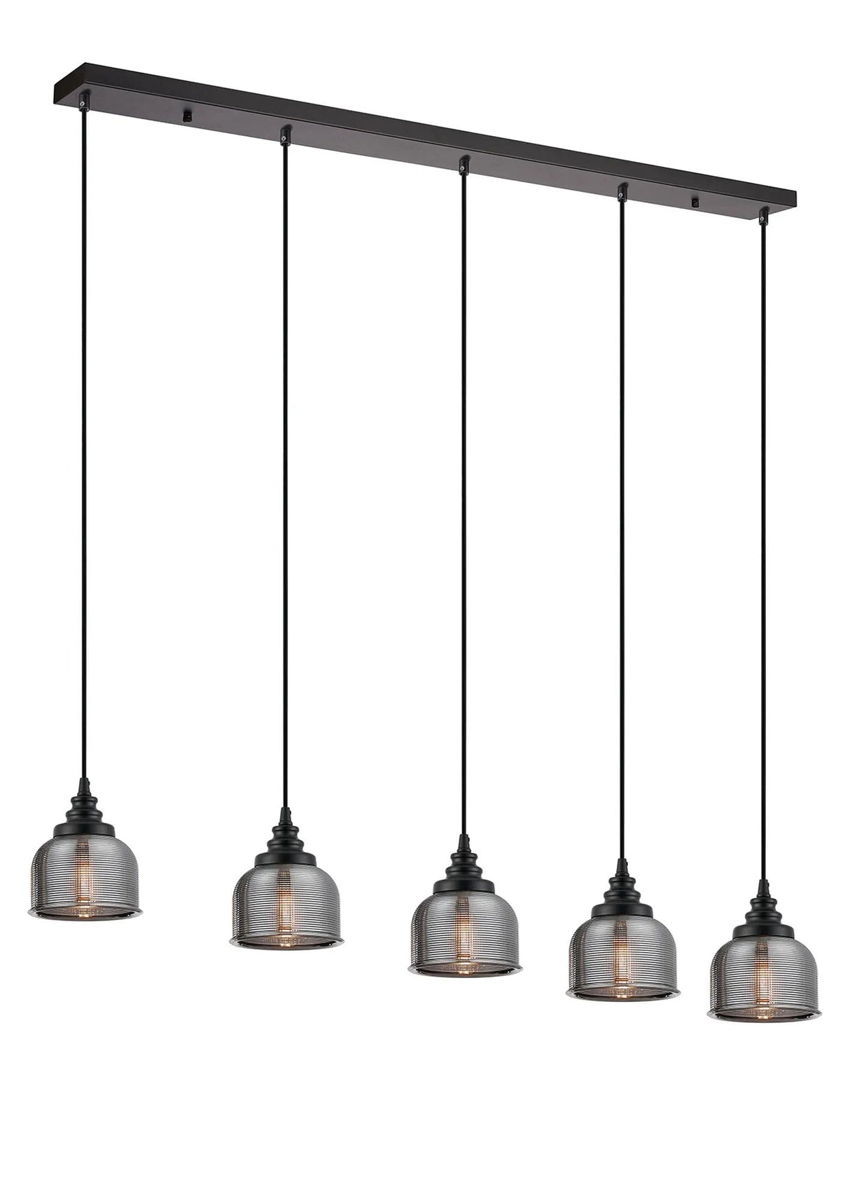 Gray 5 Light Linear Pendant, E27, Satin Black/Prismatic Dome Glass, Smoke