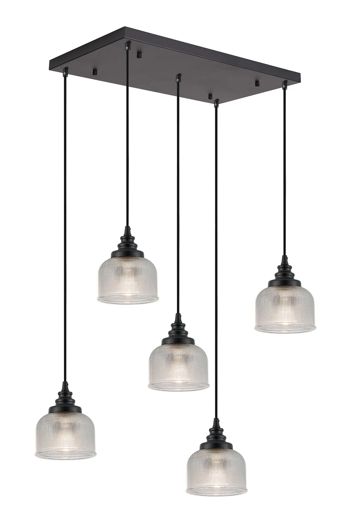 Gray 5 Light Rectangular Pendant, E27, Satin Black/Prismatic Dome Glass, Clear