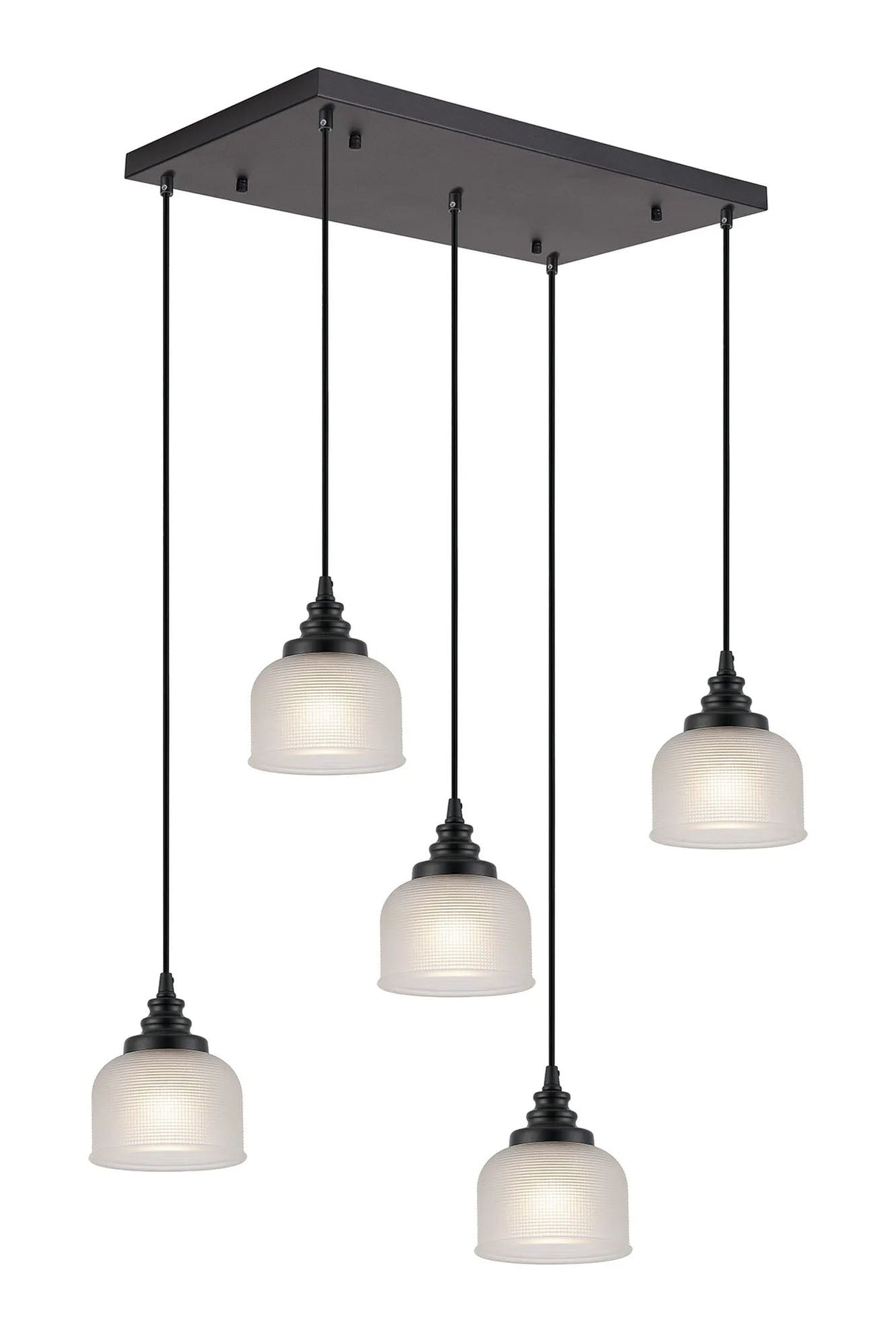 Gray 5 Light Rectangular Pendant, E27, Satin Black/Prismatic Dome Glass, Frosted