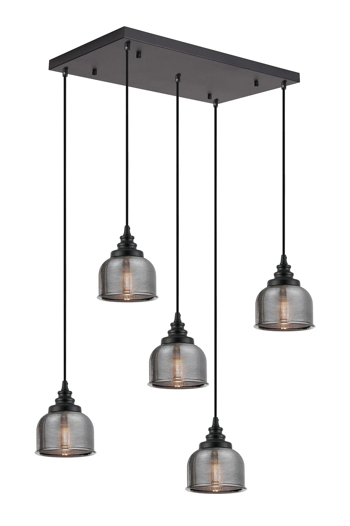 Gray 5 Light Rectangular Pendant, E27, Satin Black/Prismatic Dome Glass, Smoke