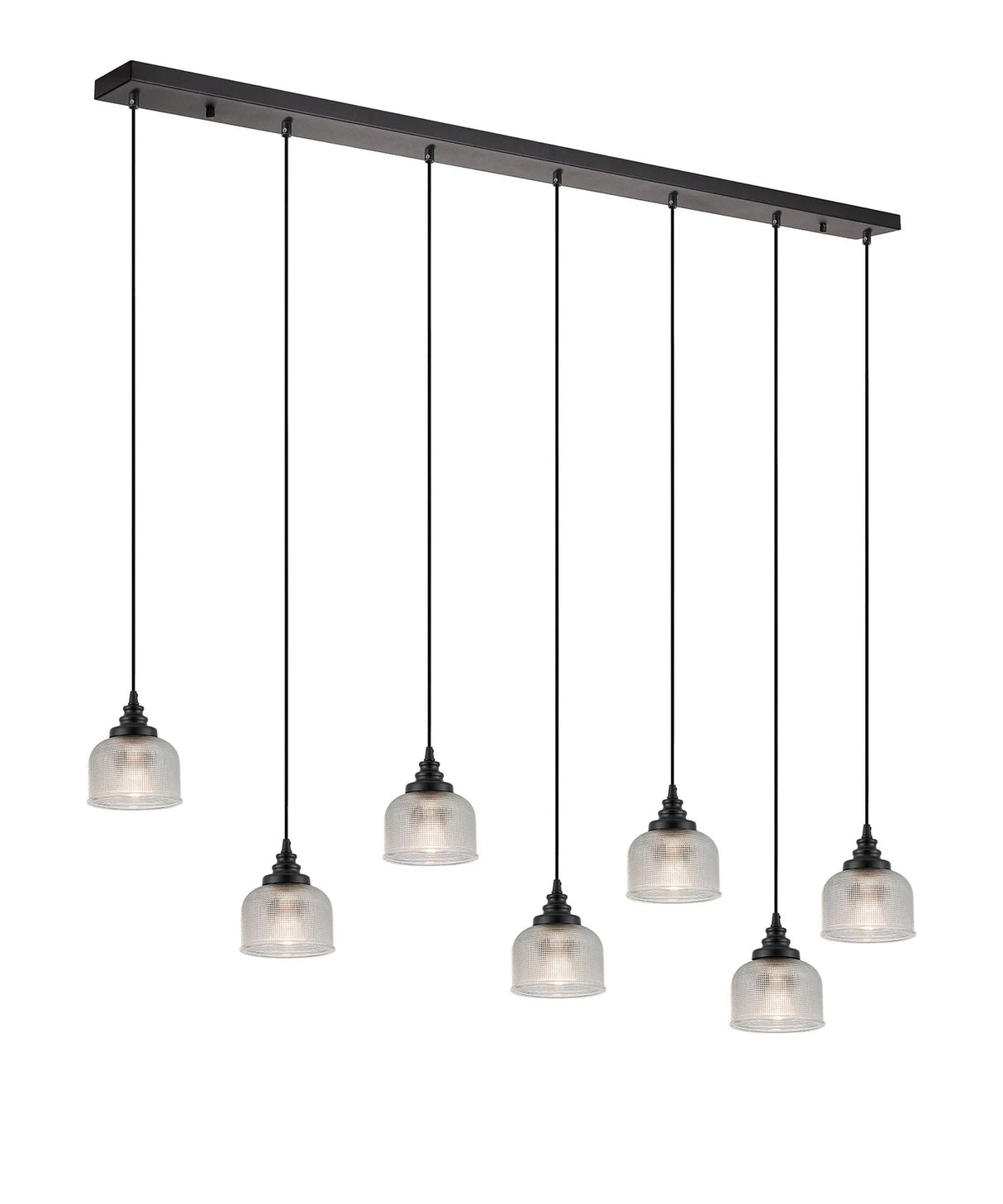Gray 7 Light Linear Pendant, E27, Satin Black/Prismatic Dome Glass, Clear