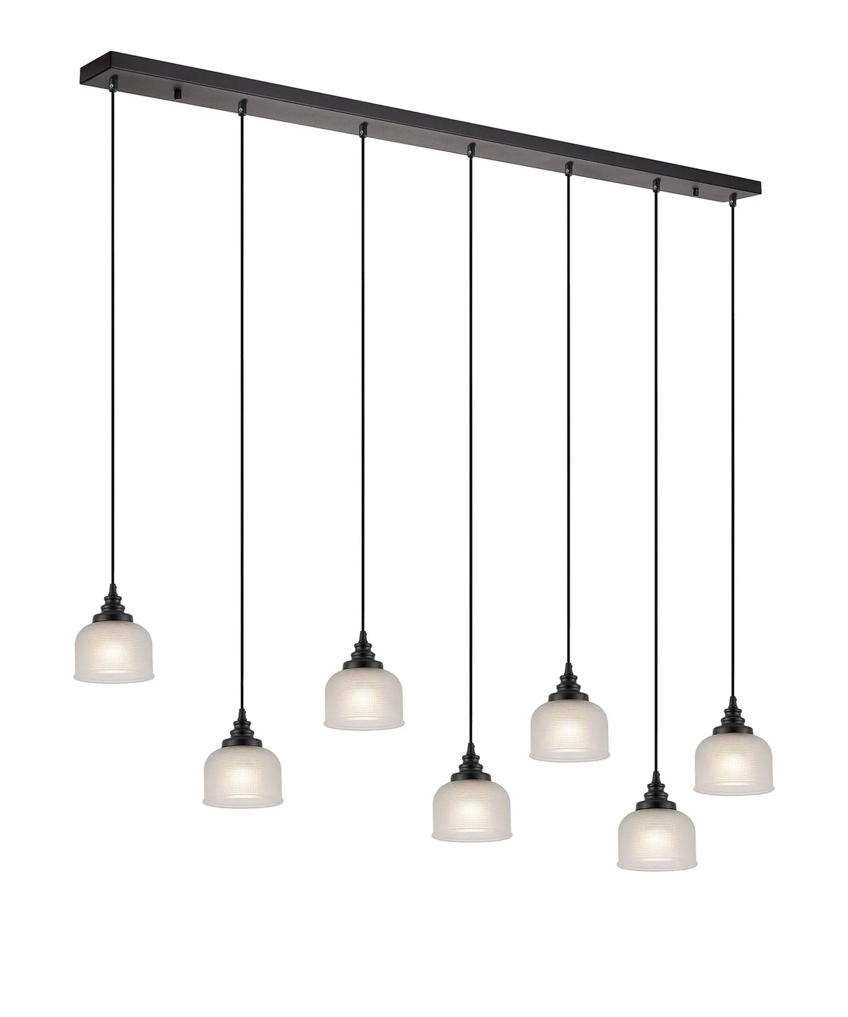 Gray 7 Light Linear Pendant, E27, Satin Black/Prismatic Dome Glass, Frosted