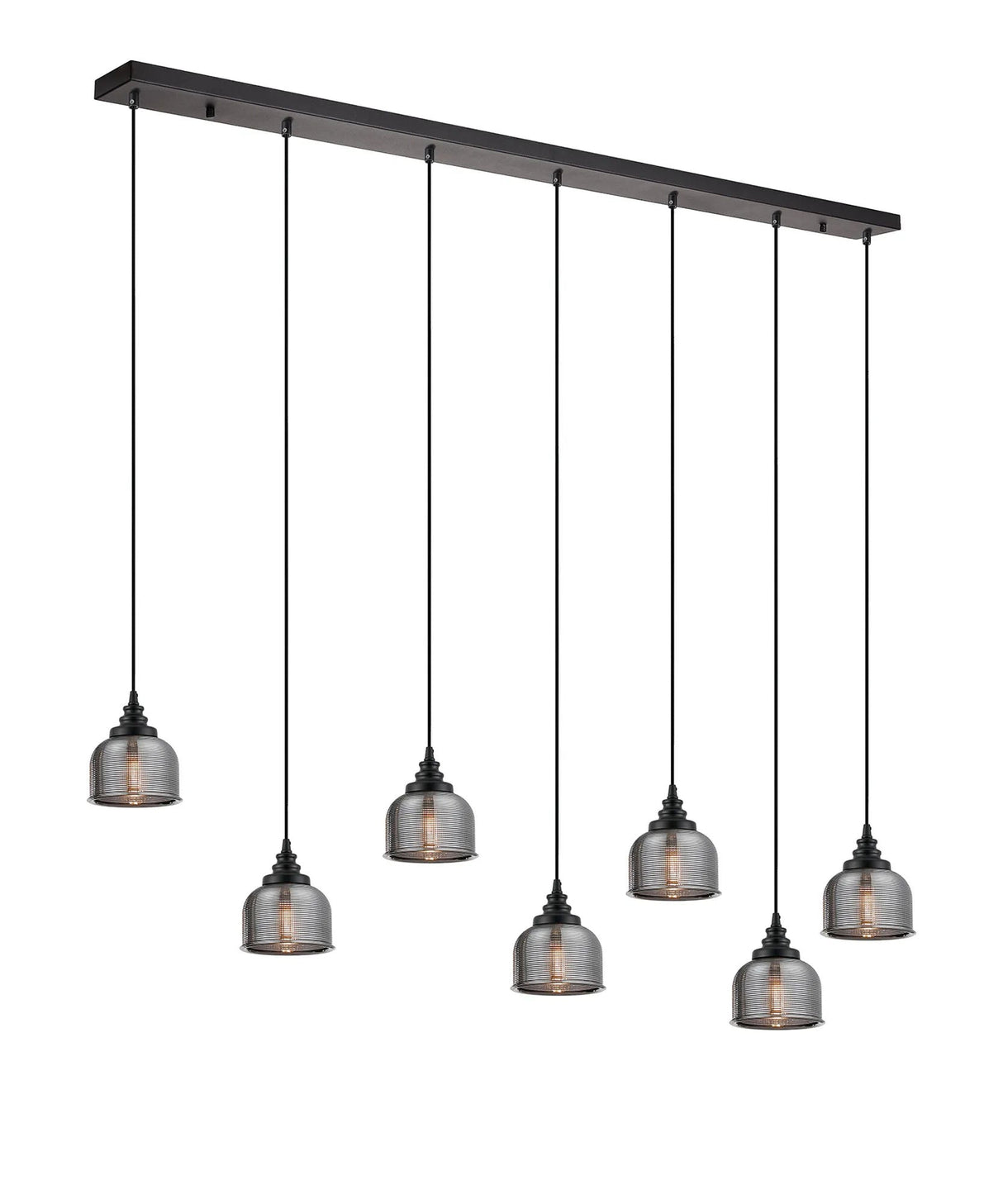 Gray 7 Light Linear Pendant, E27, Satin Black/Prismatic Dome Glass, Smoke
