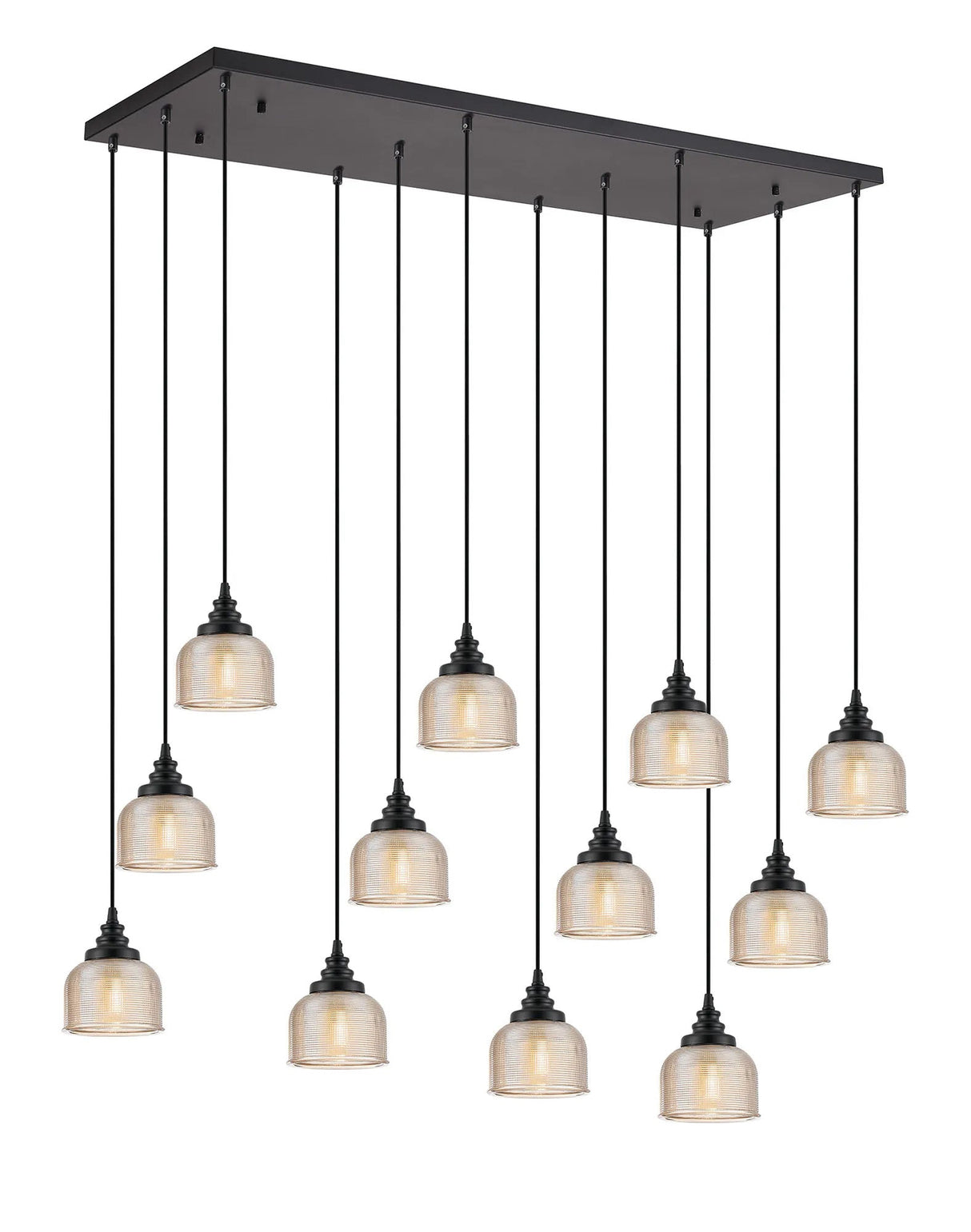 Gray 12 Light Rectangular Pendant, E27, Satin Black/Prismatic Dome Glass, Amber