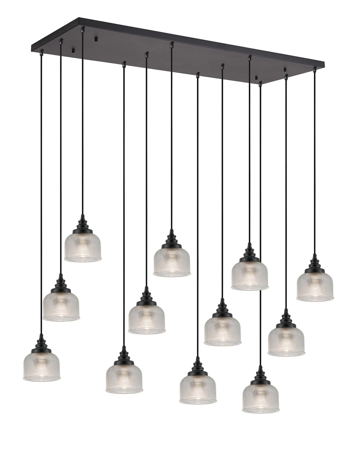 Gray 12 Light Rectangular Pendant, E27, Satin Black/Prismatic Dome Glass, Clear