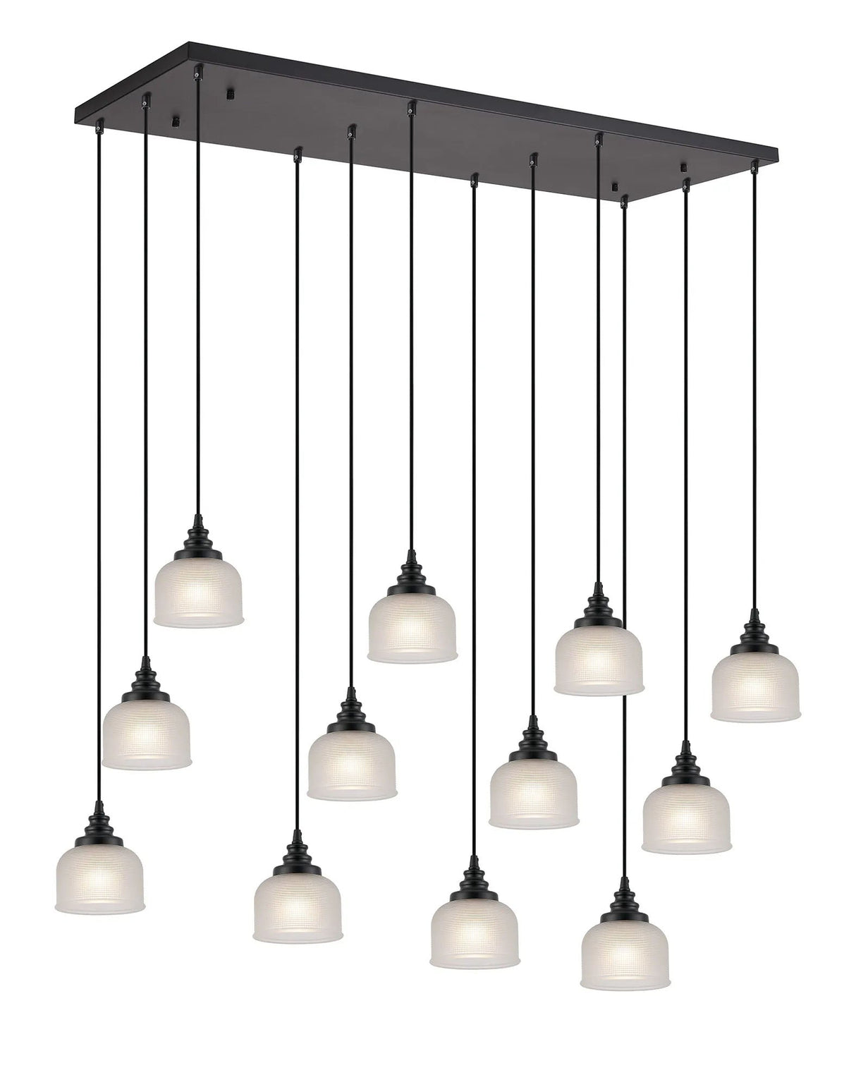 Gray 12 Light Rectangular Pendant, E27, Satin Black/Prismatic Dome Glass, Frosted