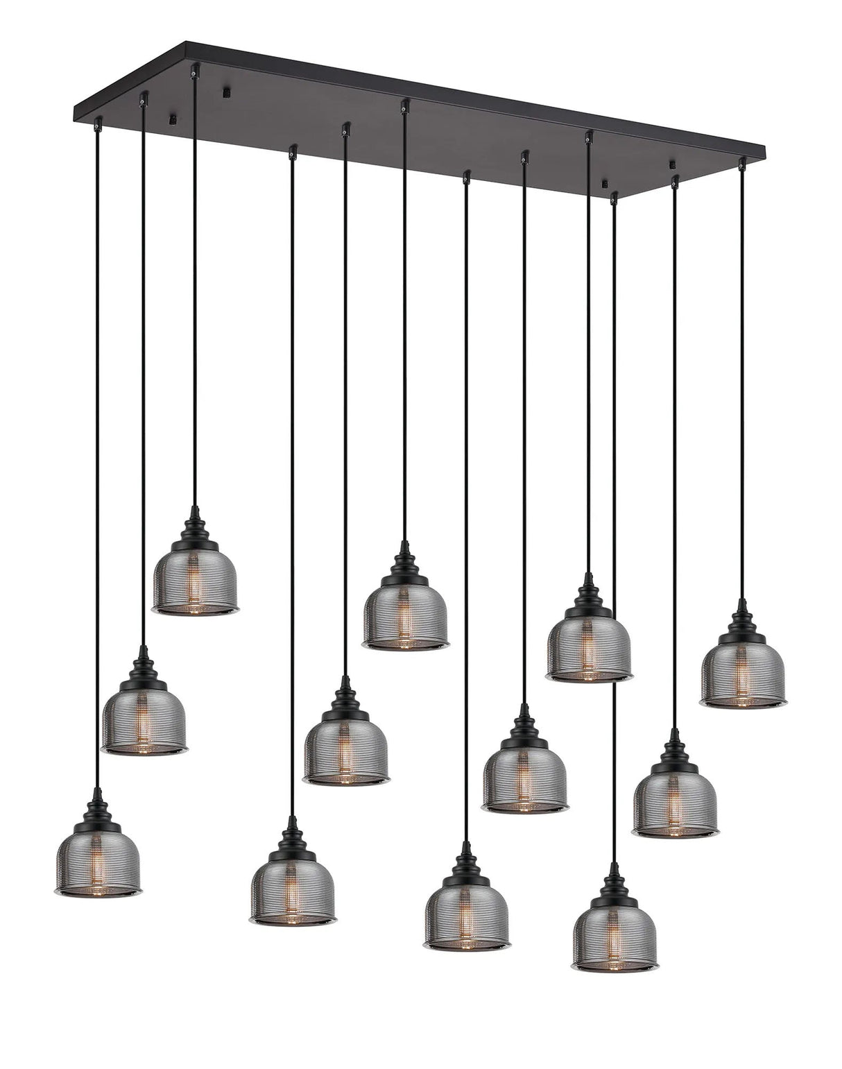 Gray 12 Light Rectangular Pendant, E27, Satin Black/Prismatic Dome Glass, Smoke