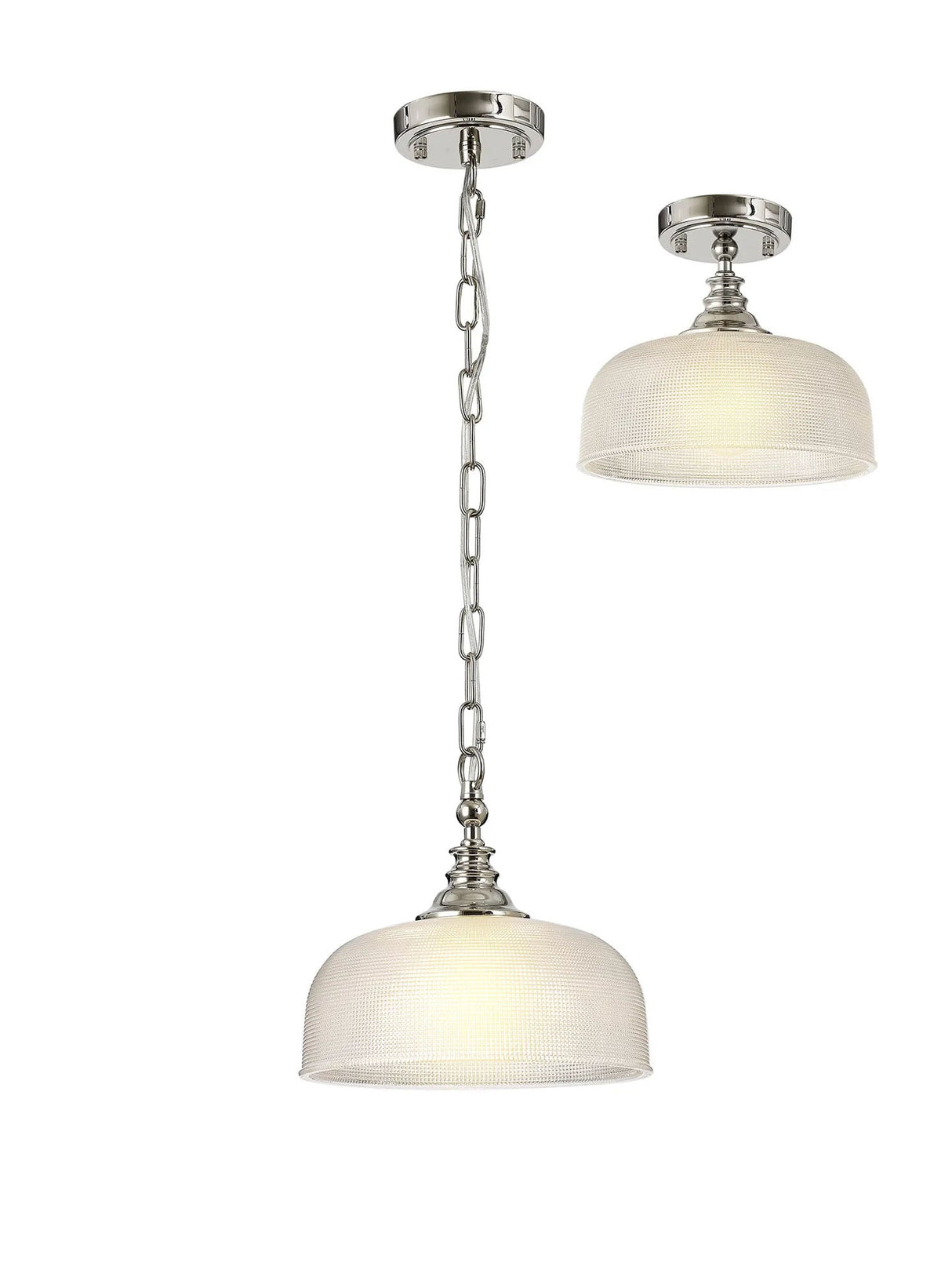 Gray Flush/Single Pendant, 1 Light Adjustable E27, Polished Nickel/Prismatic Glass