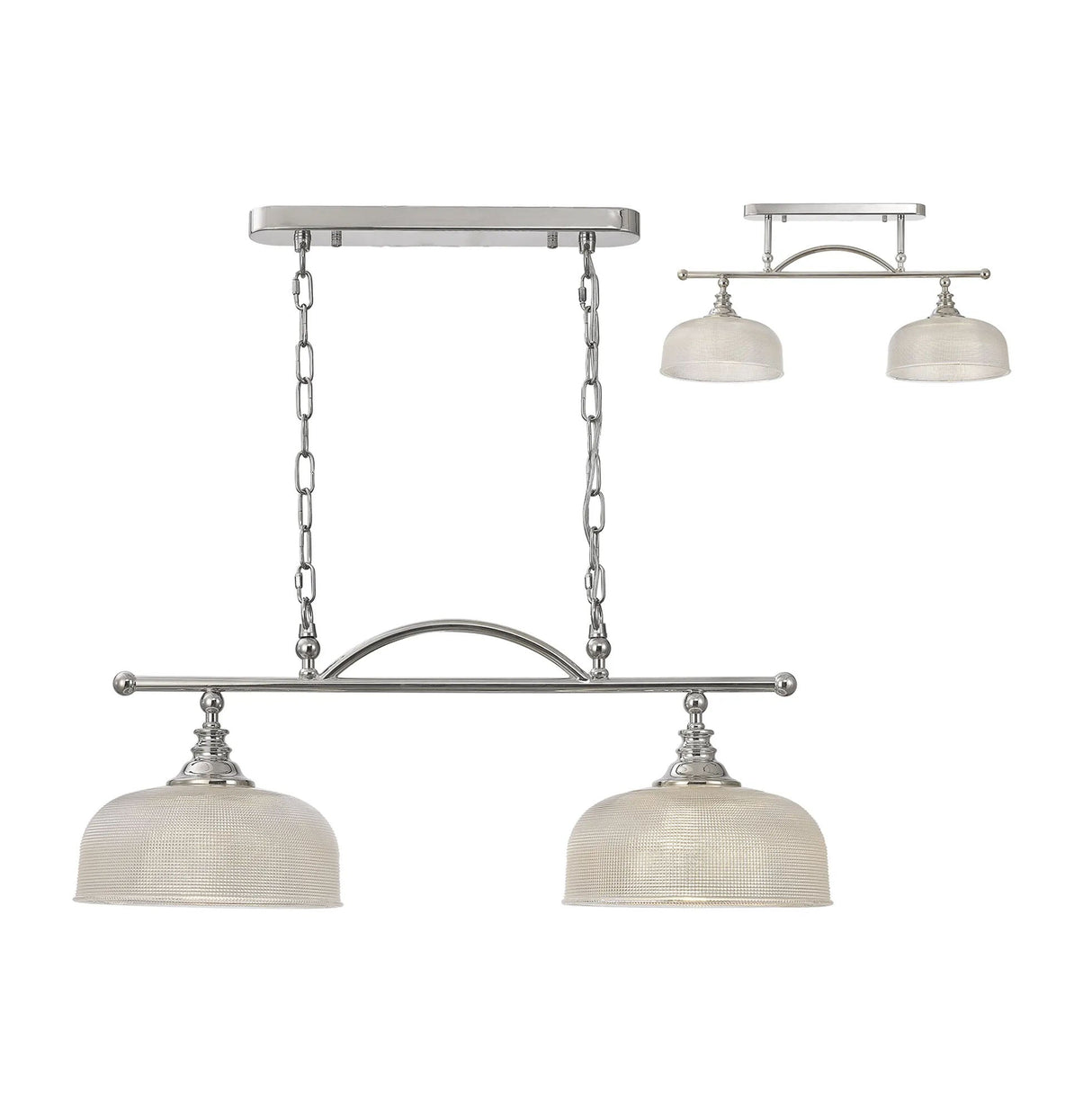 Gray Semi Flush/Pendant Bar, 2 Light Adjustable E27, Polished Nickel/Prismatic Glass