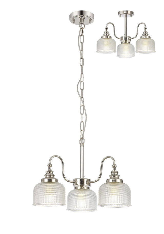 Gray Semi Flush/Pendant, 3 x E27, Polished Nickel/Prismatic Glass