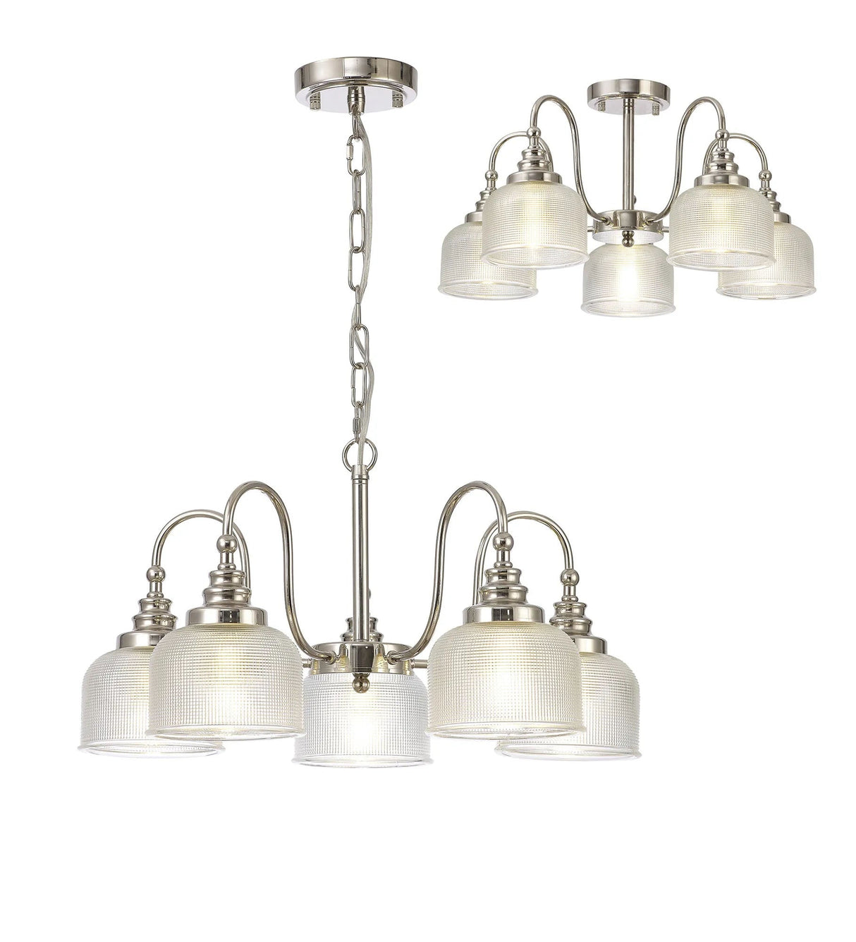 Gray Semi Flush/Pendant, 5 x E27, Polished Nickel/Prismatic Glass