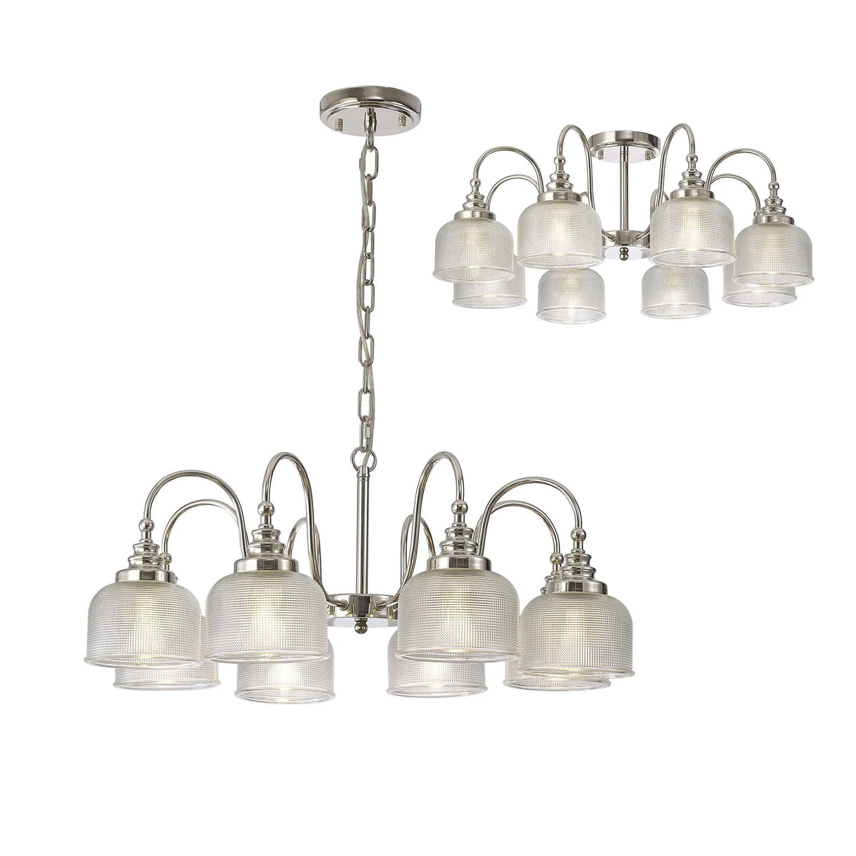 Gray Semi Flush/Pendant, 8 x E27, Polished Nickel/Prismatic Glass