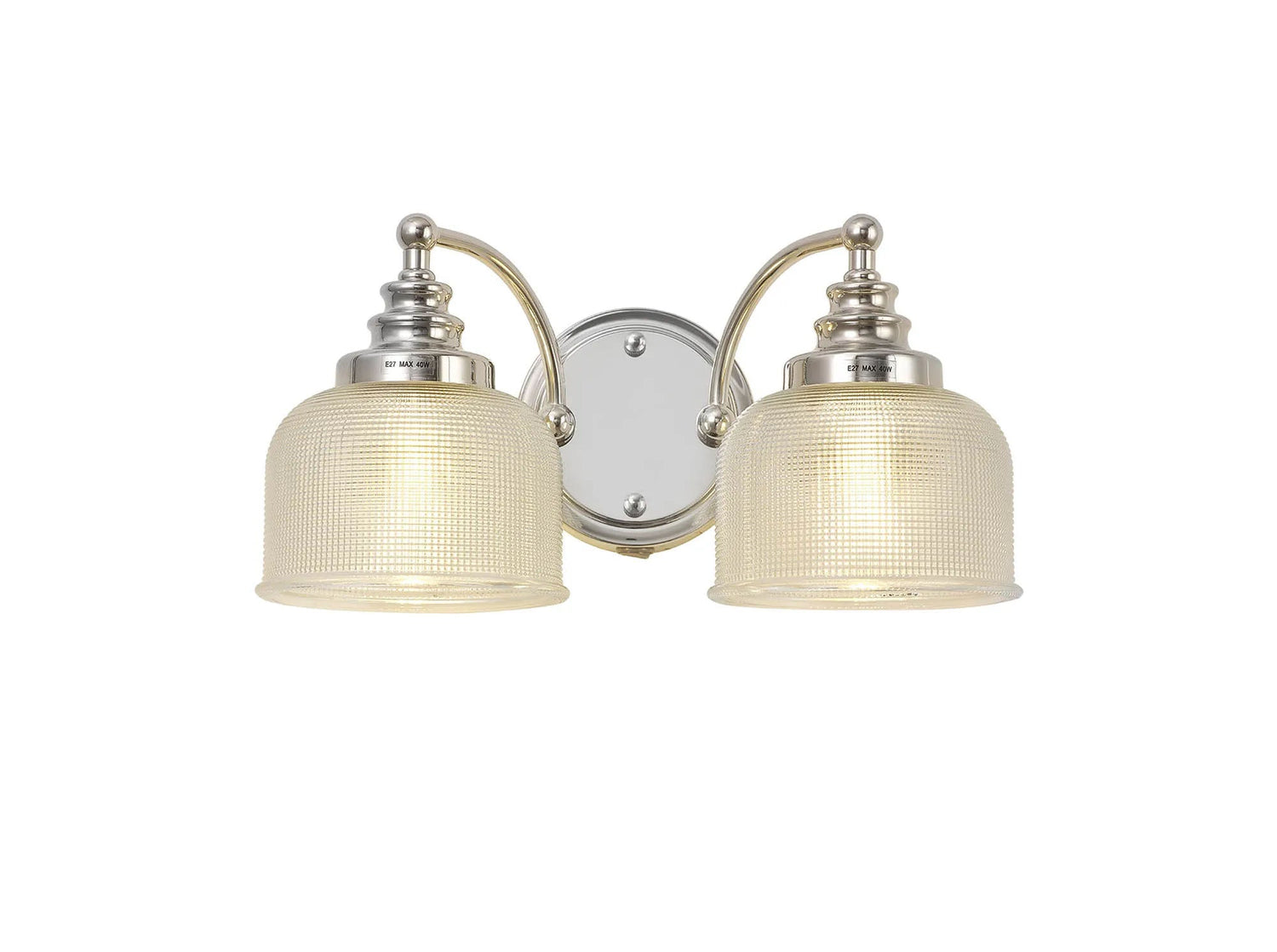 Gray Switched Double Wall Light, 2 x E27 Polished Nickel/Prismatic Glass