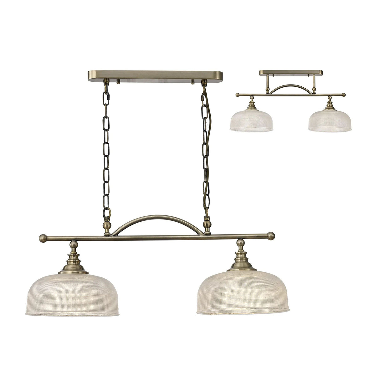 Gray Semi Flush/Pendant Bar, 2 Light Adjustable E27, Antique Brass/Prismatic Glass