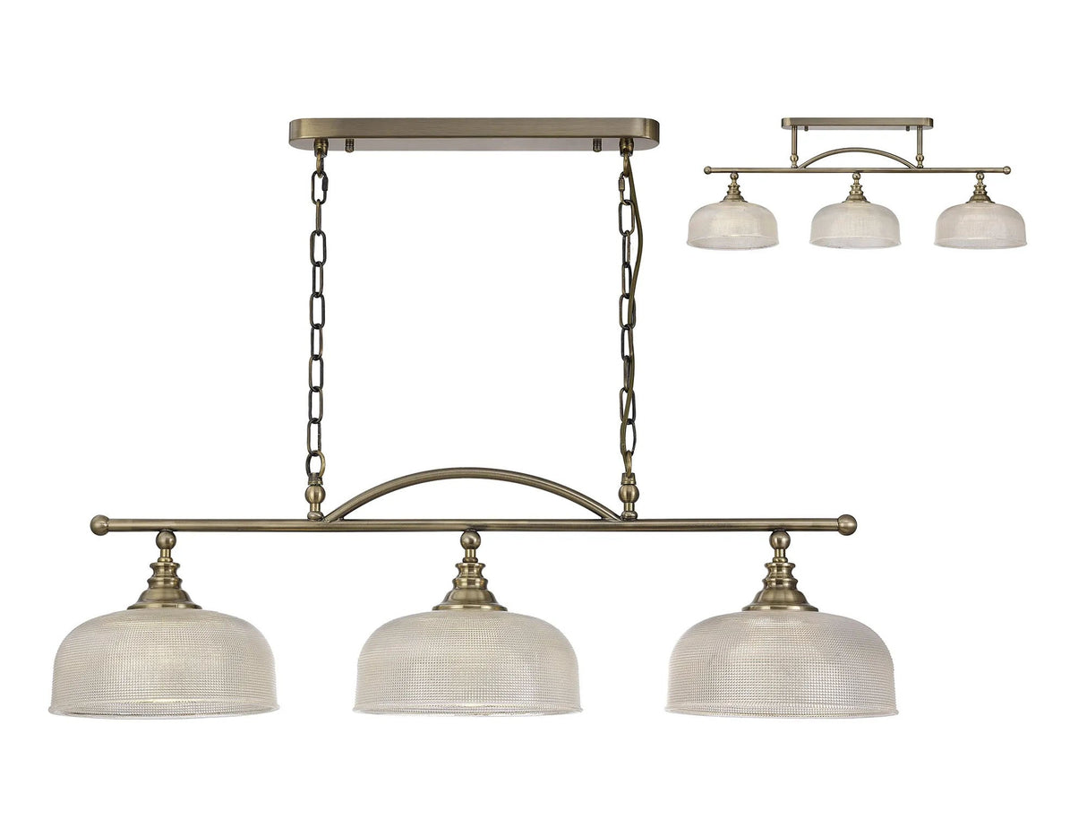 Gray Semi Flush/Pendant Bar, 3 Light Adjustable E27, Antique Brass/Prismatic Glass