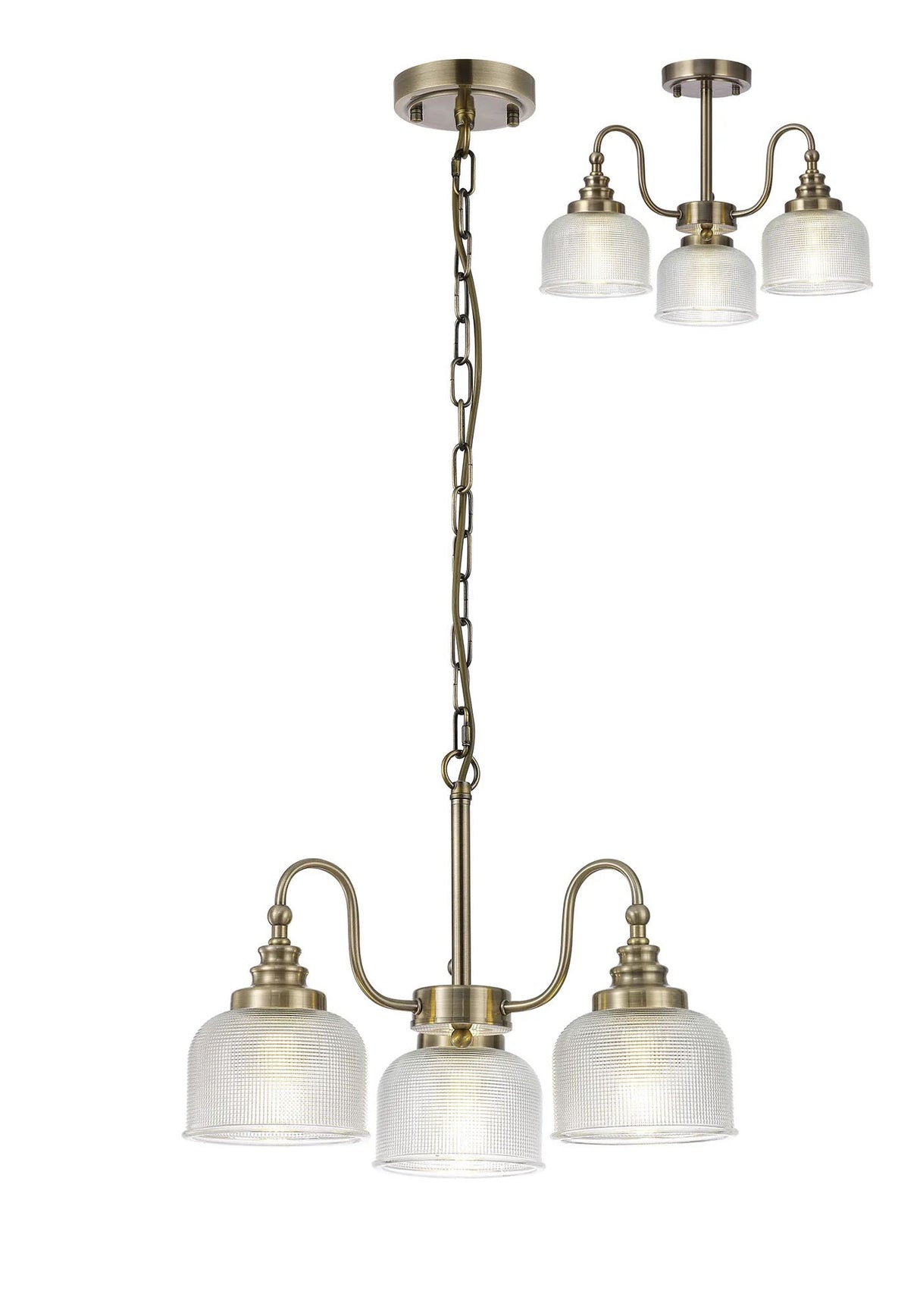 Gray Semi Flush/Pendant, 3 x E27, Antique Brass/Prismatic Glass
