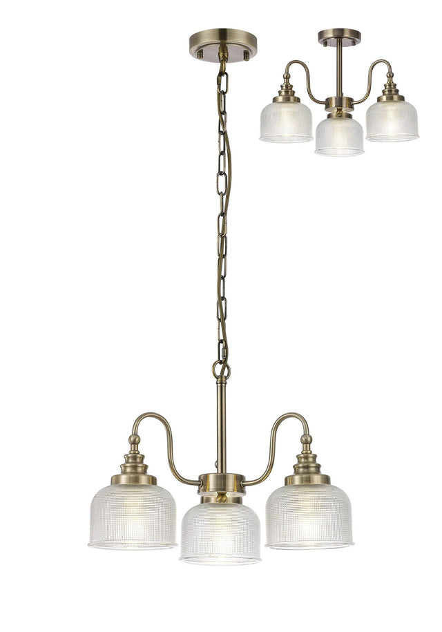 Gray Semi Flush/Pendant, 3 x E27, Antique Brass/Prismatic Glass
