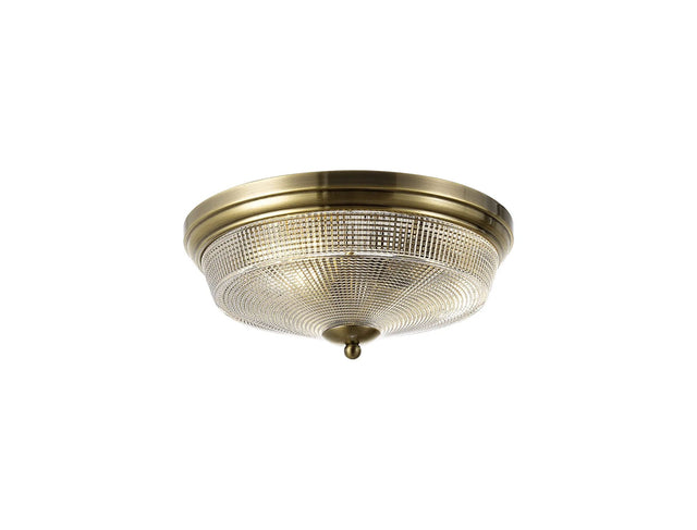 Gray 2 x E27 Flush Ceiling Light, Antique Brass/Prismatic Glass