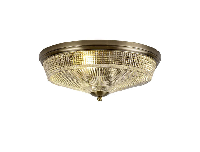 Gray 3 x E27 Flush Ceiling Light, Antique Brass/Prismatic Glass
