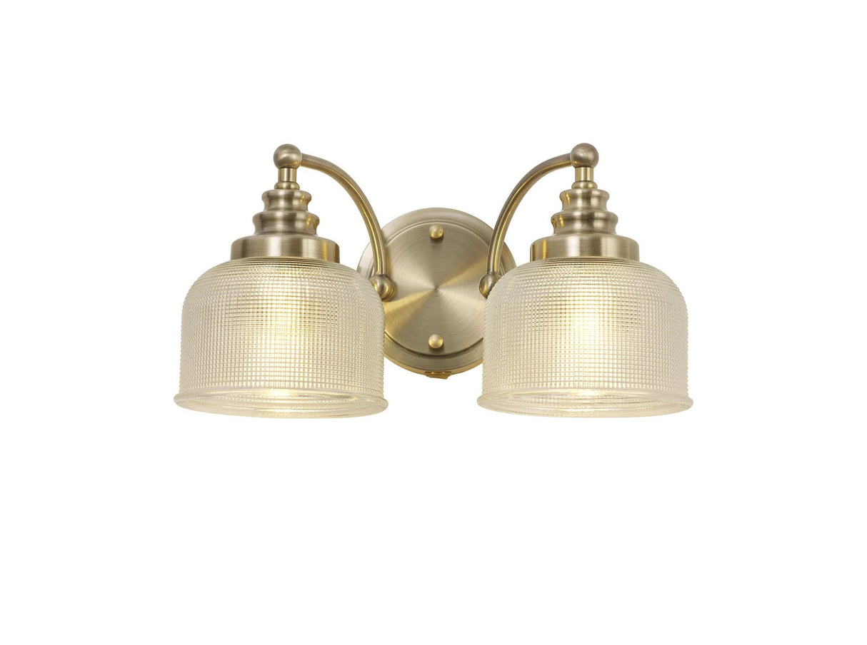 Gray Switched Double Wall Light, 2 x E27 Antique Brass/Prismatic Glass