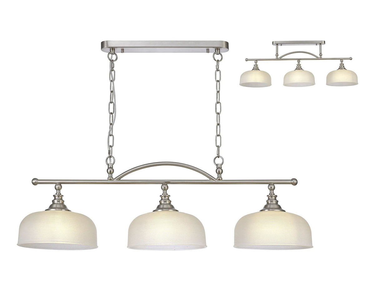 Gray Semi Flush/Pendant Bar, 3 Light Adjustable E27, Satin Nickel/Frosted Glass