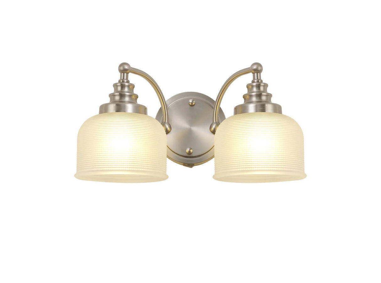 Gray Switched Double Wall Light, 2 x E27 Satin Nickel/Frosted Glass