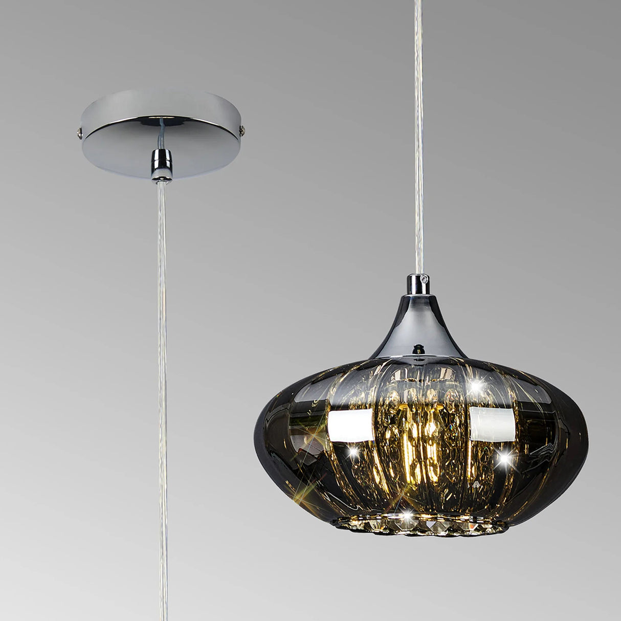 Greaves Pendant, 1 x E14, Polished Chrome/Smoked Glass/Clear Crystal