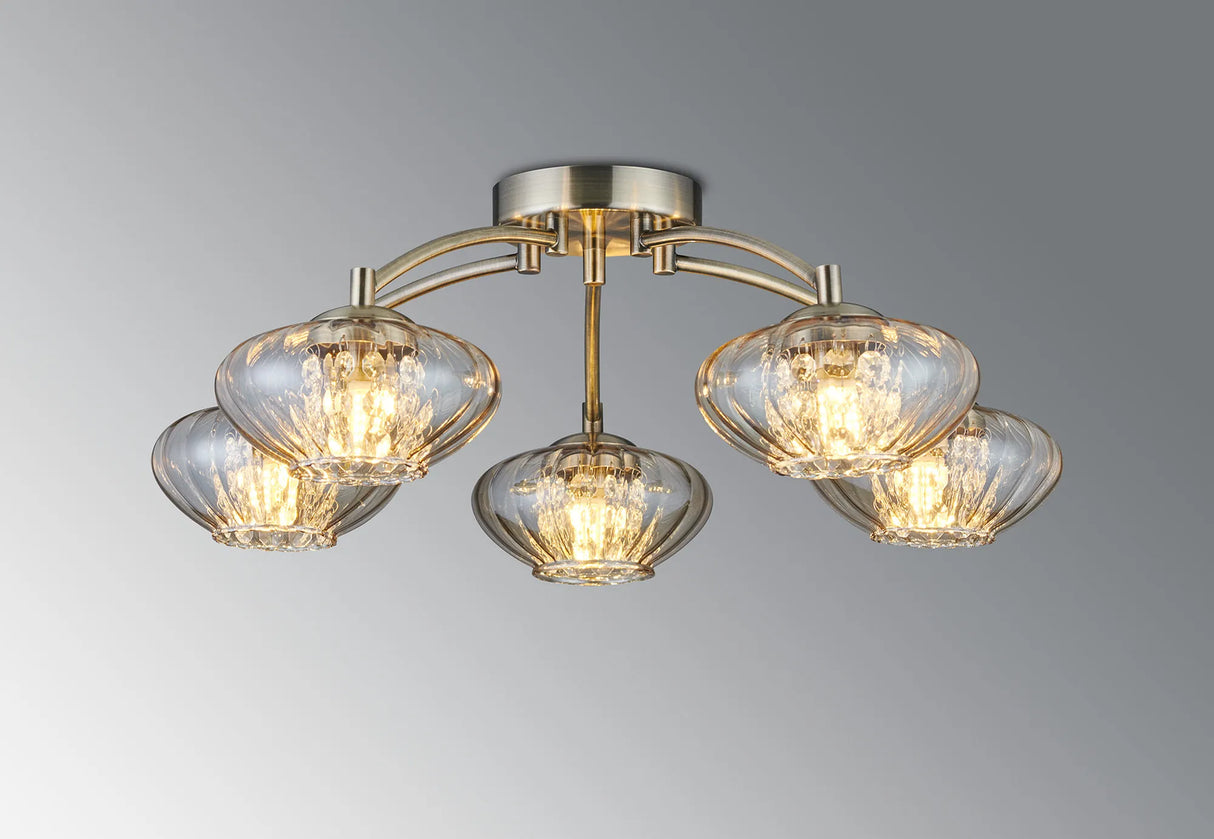 Greaves Flush Ceiling Light, 5 x G9, Antique Brass/Cognac Glass/Clear Crystal