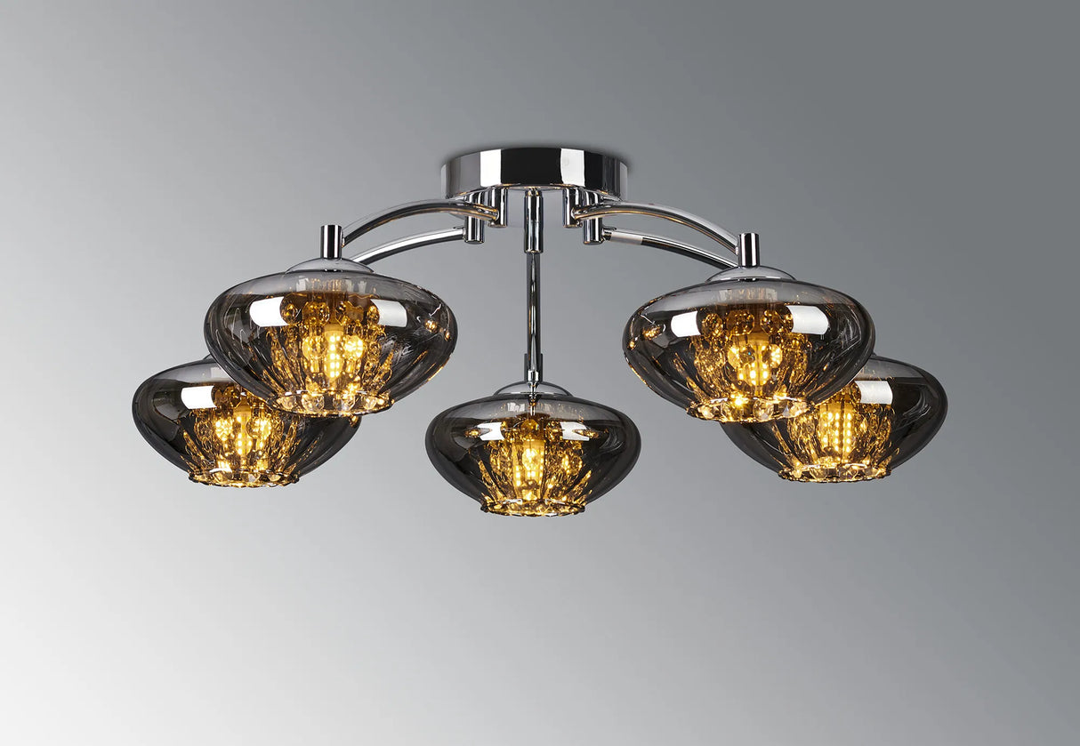 Greaves Flush Ceiling Light, 5 x G9, Polished Chrome/Smoked Glass/Clear Crystal