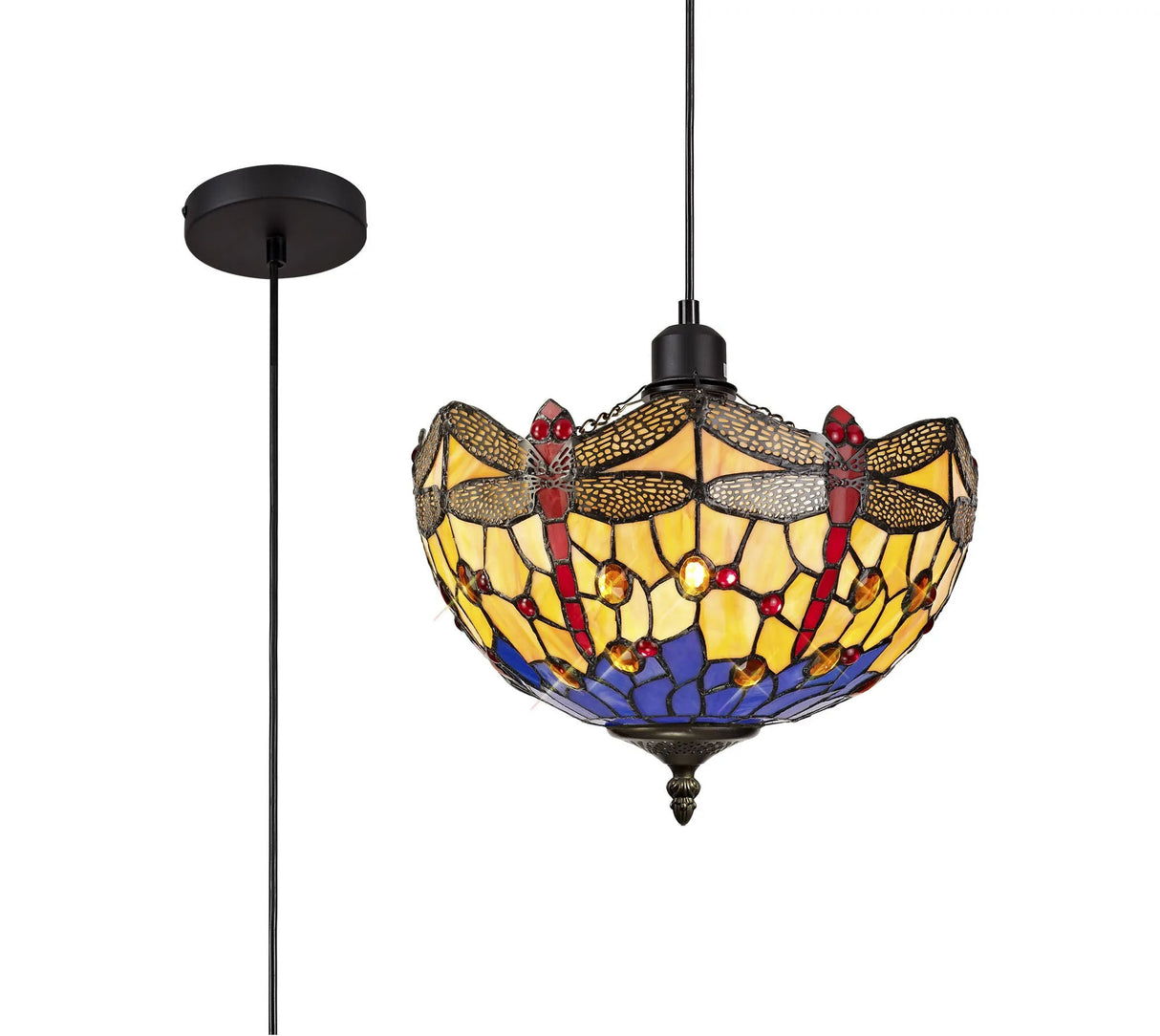 Hinnigan 1 Light Uplighter Pendant E27 With 30cm Tiffany Shade, Blue/Orange/Crystal/Black