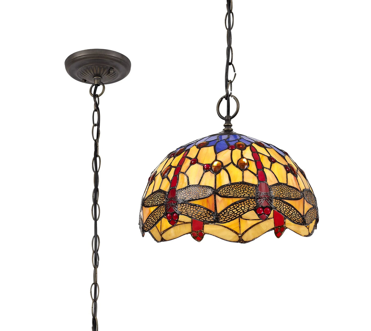 Hinnigan 1 Light Downlighter Pendant E27 With 30cm Tiffany Shade, Blue/Orange/Crystal/Aged Antique Brass