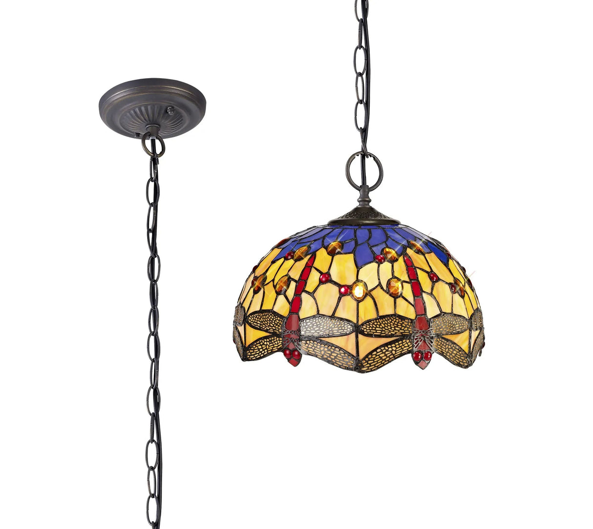 Hinnigan 2 Light Downlighter Pendant E27 With 30cm Tiffany Shade, Blue/Orange/Crystal/Aged Antique Brass